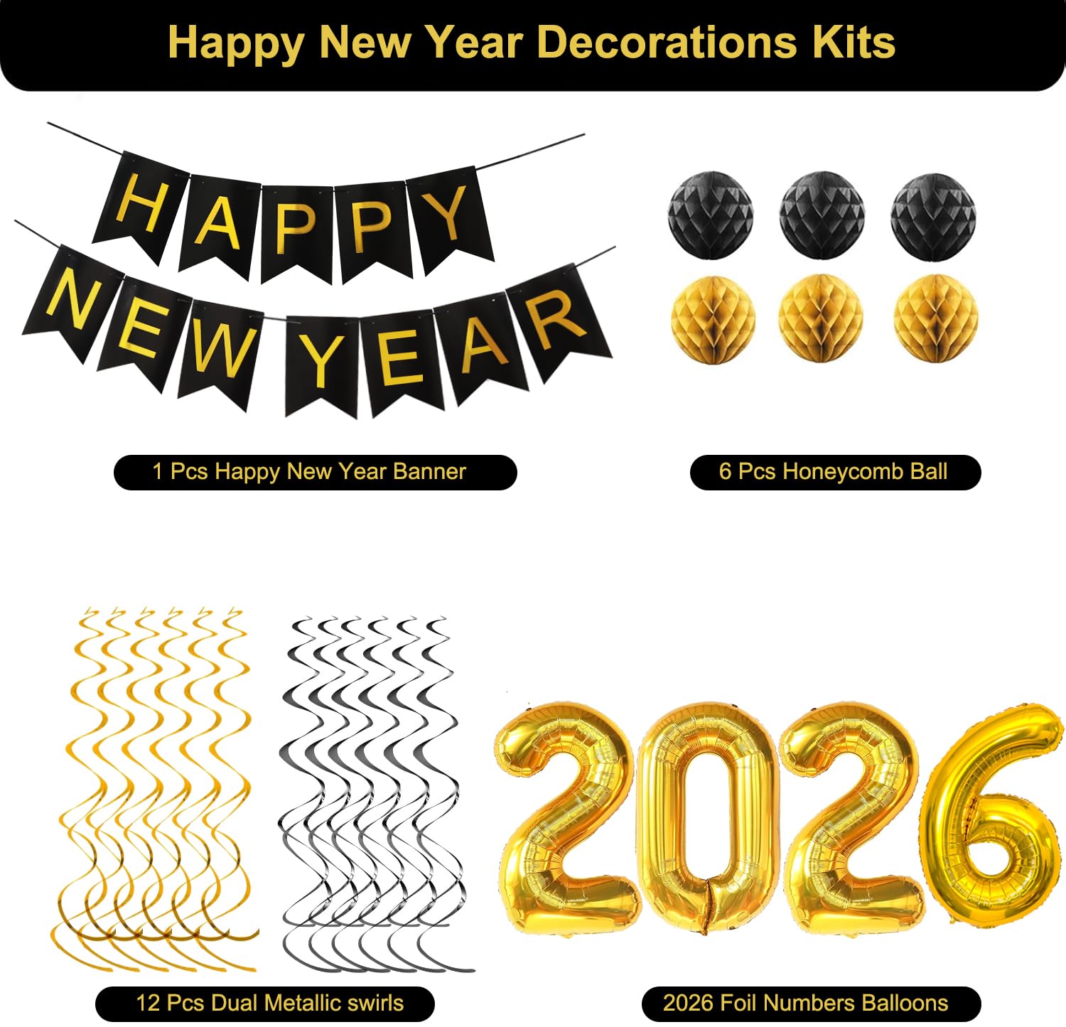 Condition photo showing New/Like New for New Year Decorations 2026, Happy New Year NYE Eve Party Supplies Banner with Hanging Swirl, Honeycomb Balls Decorations for Home Office Classroom, Black Gold