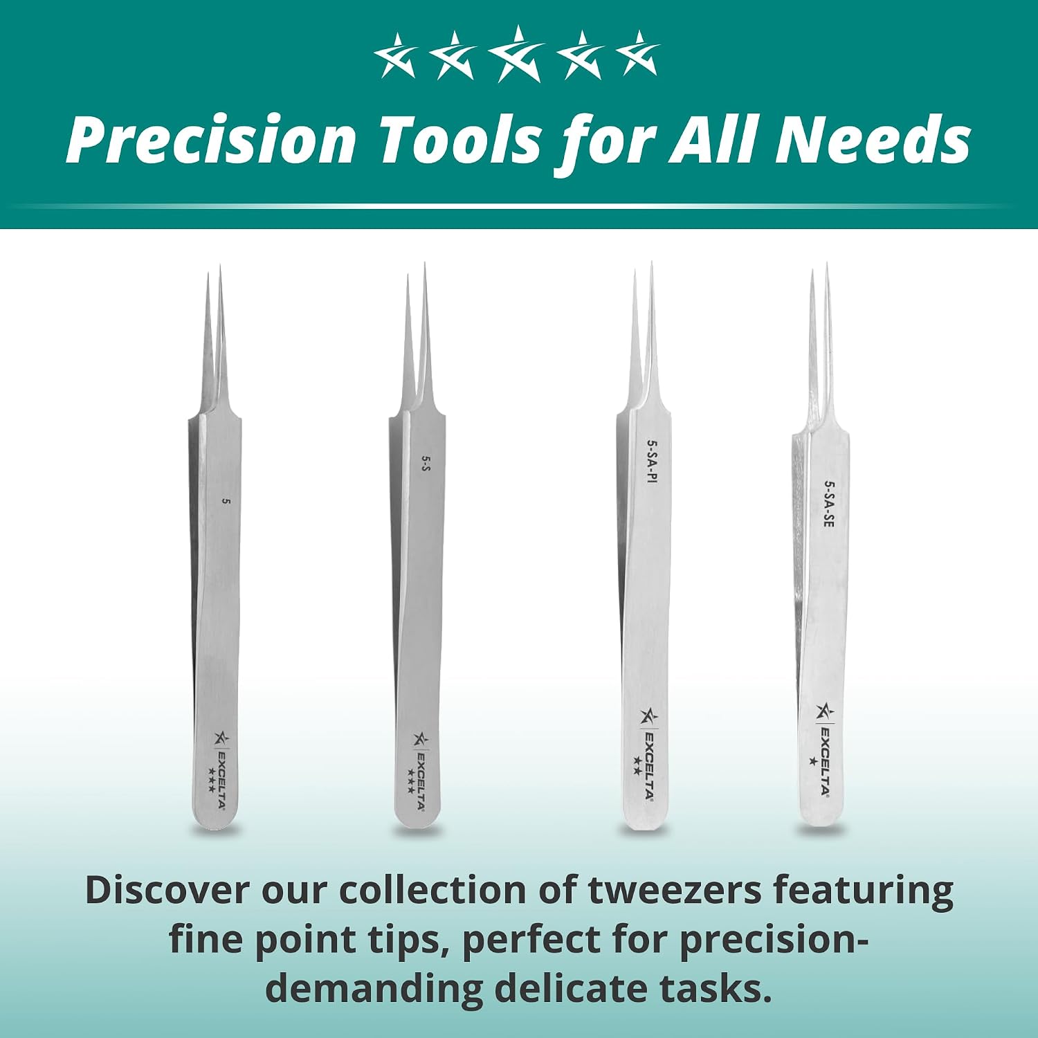 Excelta Precision Tweezers, Straight Tapered Ultra Fine Point, Anti-Magnetic Stainless Steel, Optimal for Microscopy, 4.25" Length, Intermediate