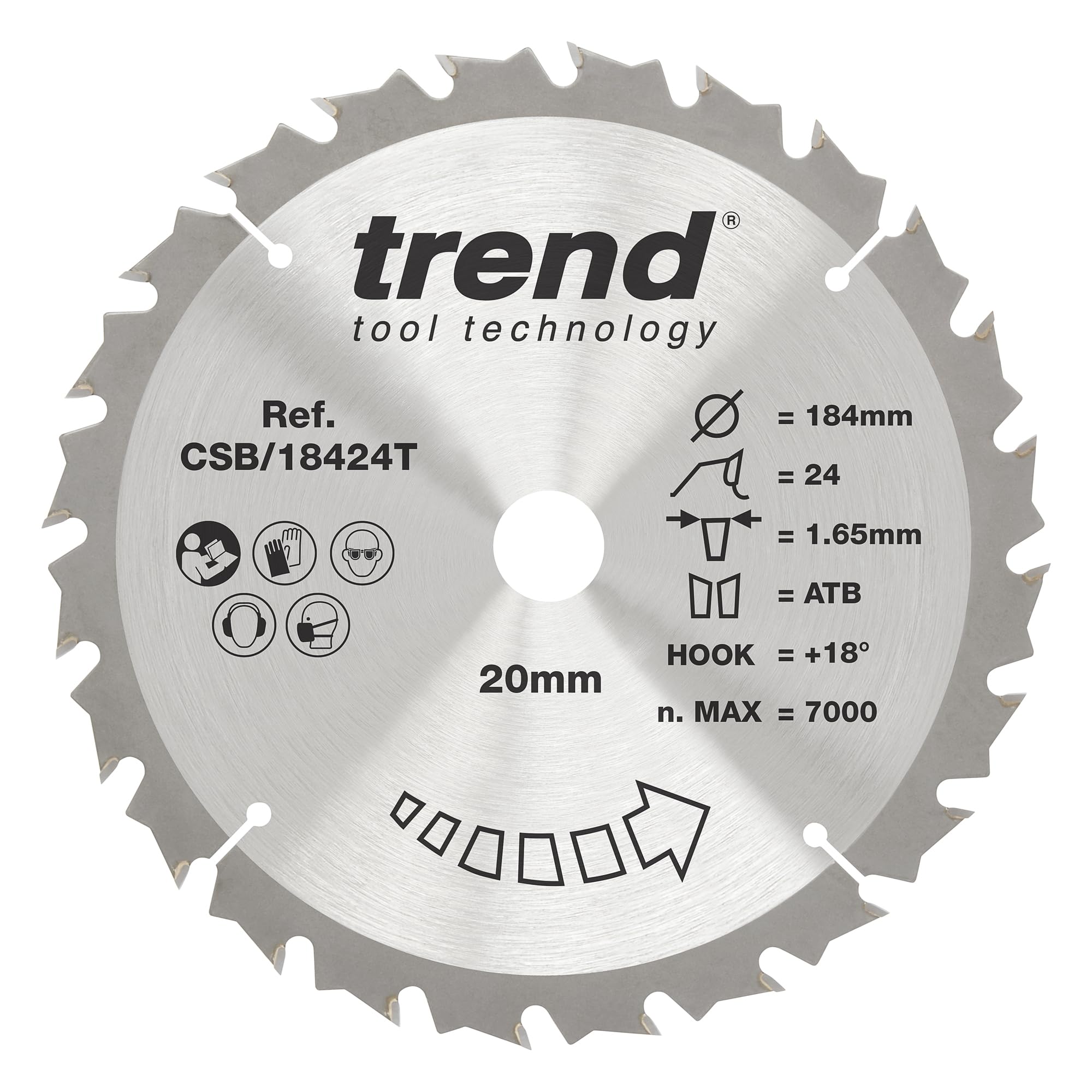 Trend Silver Wood Cordless Circular Saw Blade, 184Mm Diameter, 20Mm Bore, 24 Teeth, 1.65Mm Kerf, +18° Hook, Tct, Medium Finish, Csb/18424T