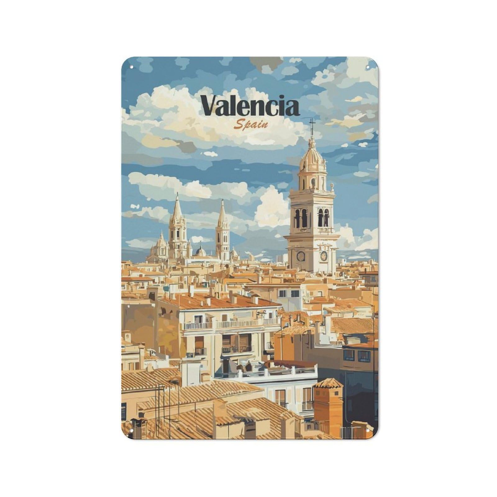 Junmoney Style-12 Valencia Cityscape Vintage Tin Sign 30X20cm For Café Or Restaurant, For Café Owners And Decorators, For Retro Home Interiors