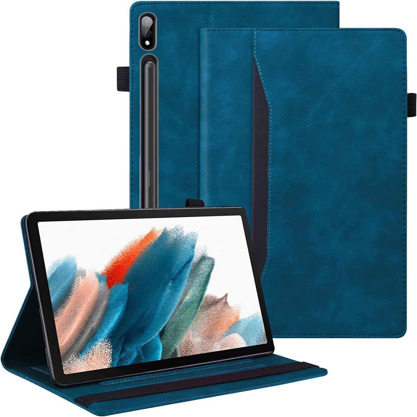 Dteck Leather Smart Wake/Sleep Cover for Samsung Galaxy Tab S8 Ultra 14.6 inch 2022, Blue with Front Pocket, Multiple Angles Stand, Stylus Pen Holder