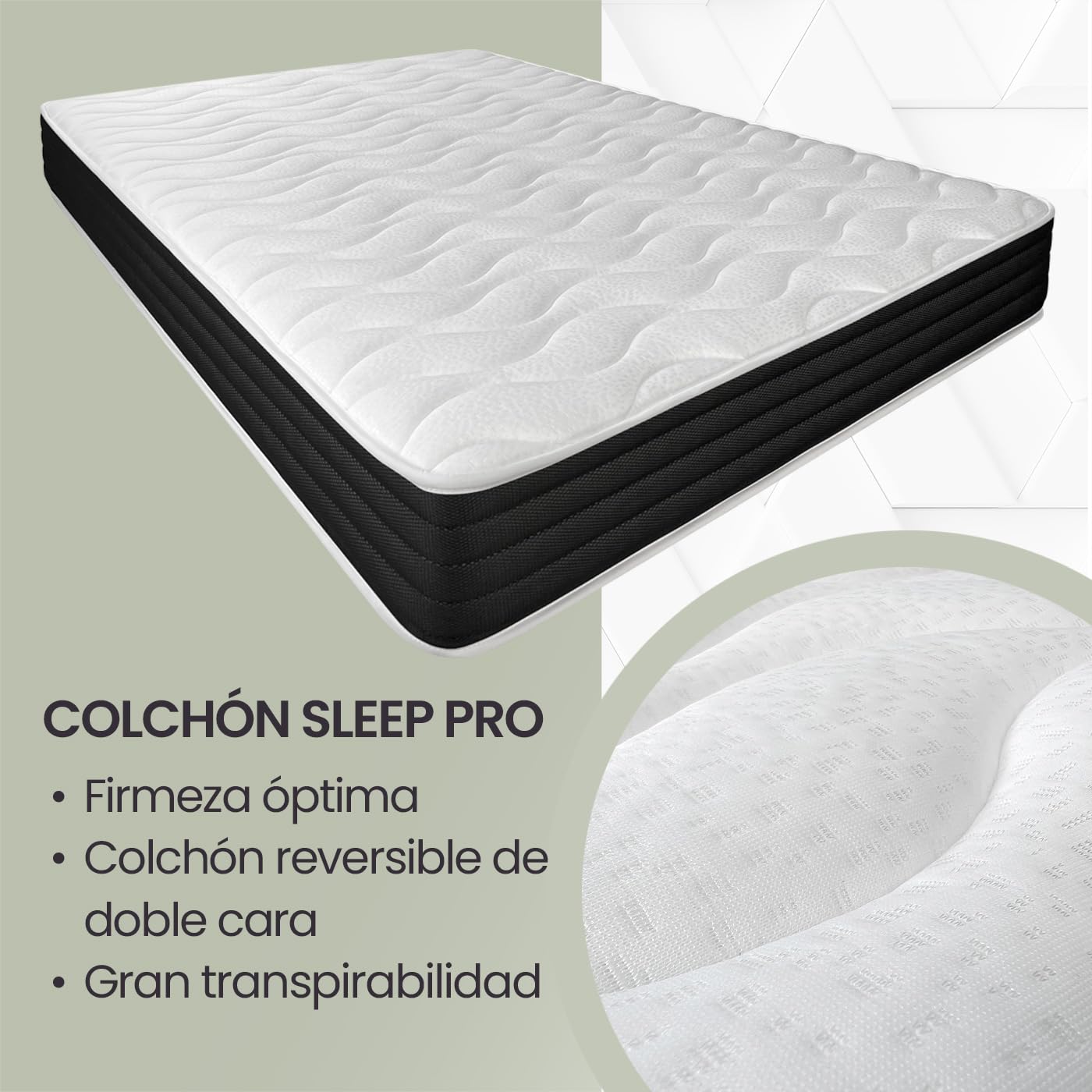 Homey - Colchón Viscoelástico Sleep Pro Reversible (Cara Invierno-Verano) Firmeza-Dureza Media-Alta, Grosor 20cm, Antiácaros, Antibacerias e Hipoalergénico, 90x190