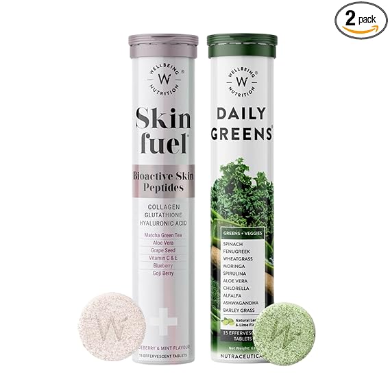 Wellbeing Nutrition Daily Greens, Wholefood Multivitamin & Skin Fuel | Collagen Builder, L-Glutathione, Hyaluronic Acid, Matcha Green Tea, Aloe Vera, Grape Seed, Vit E (30 Effervescent Tablets)