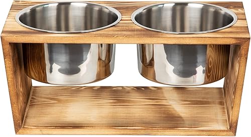 Miniatura 3 de Cuencos elevados de madera rústica para perros y gatos con dos cuencos de acero inoxidable (marrón)