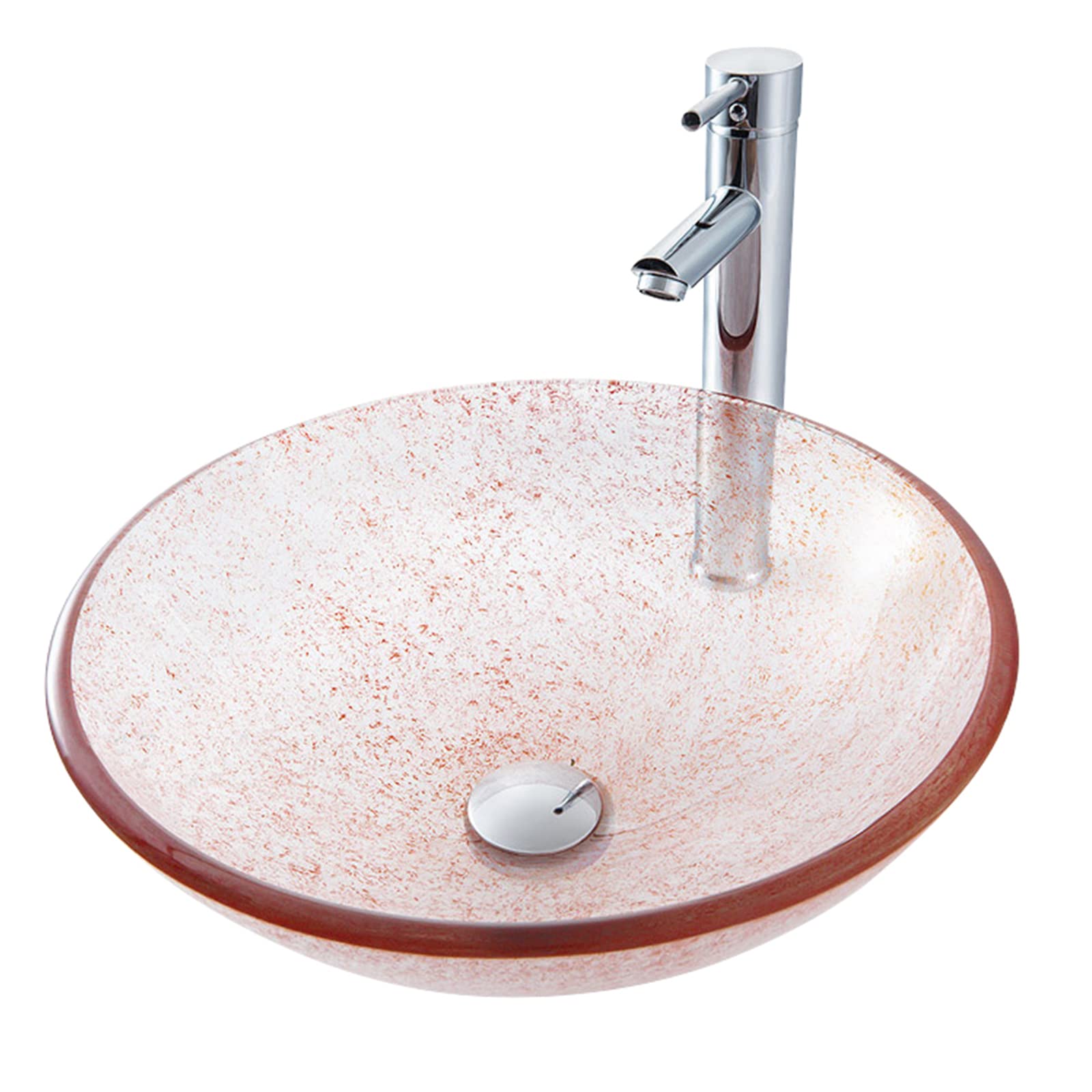 ASerZenith Bathroom Vessel Sink, Artistic Tempered Glass Vessel Sink Red Round Basin Bowl Set, 16.5" Countertop Sink With Chrome Faucet And Pop-Up Drain