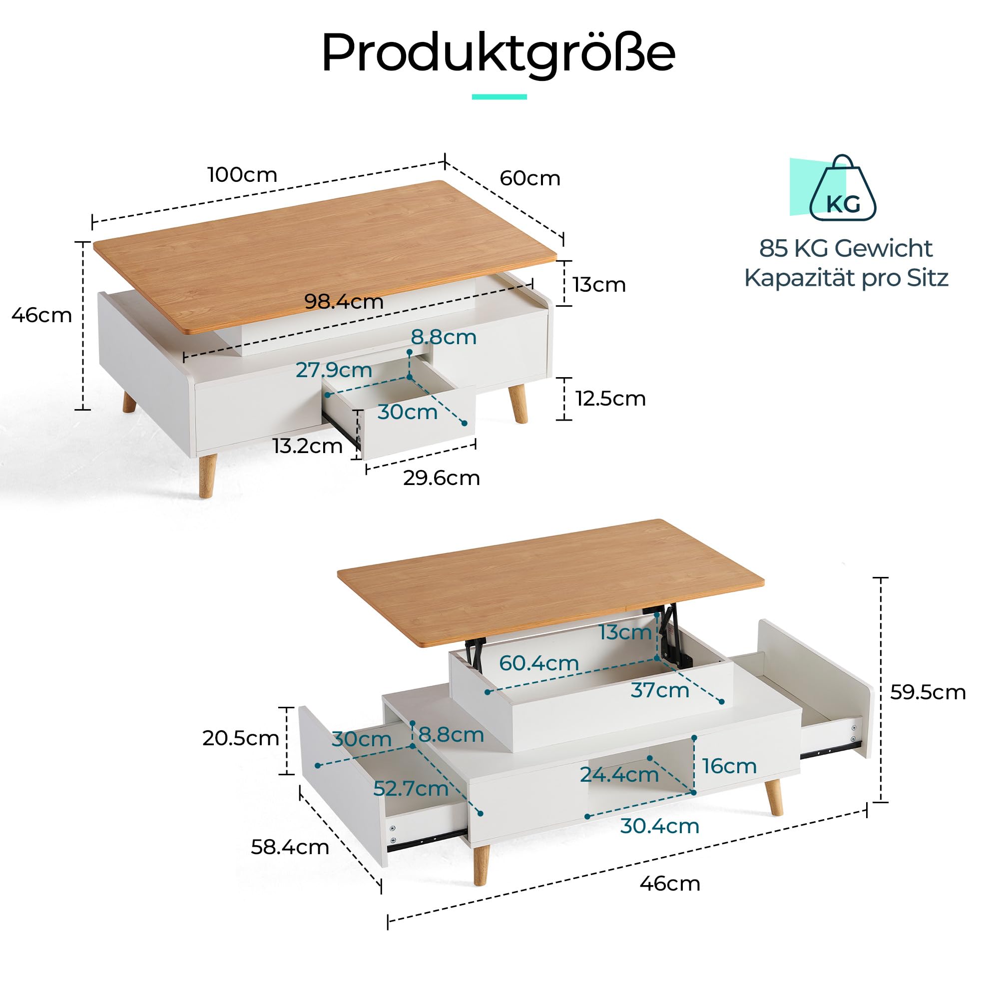 LINSY HOME Couchtisch Höhenverstellbar mit Stauraum, Höhenverstellbarer Coffee Table, Wohnzimmertisch mit 2 Großem Schubladen, 60 x 100cm Sofatisch