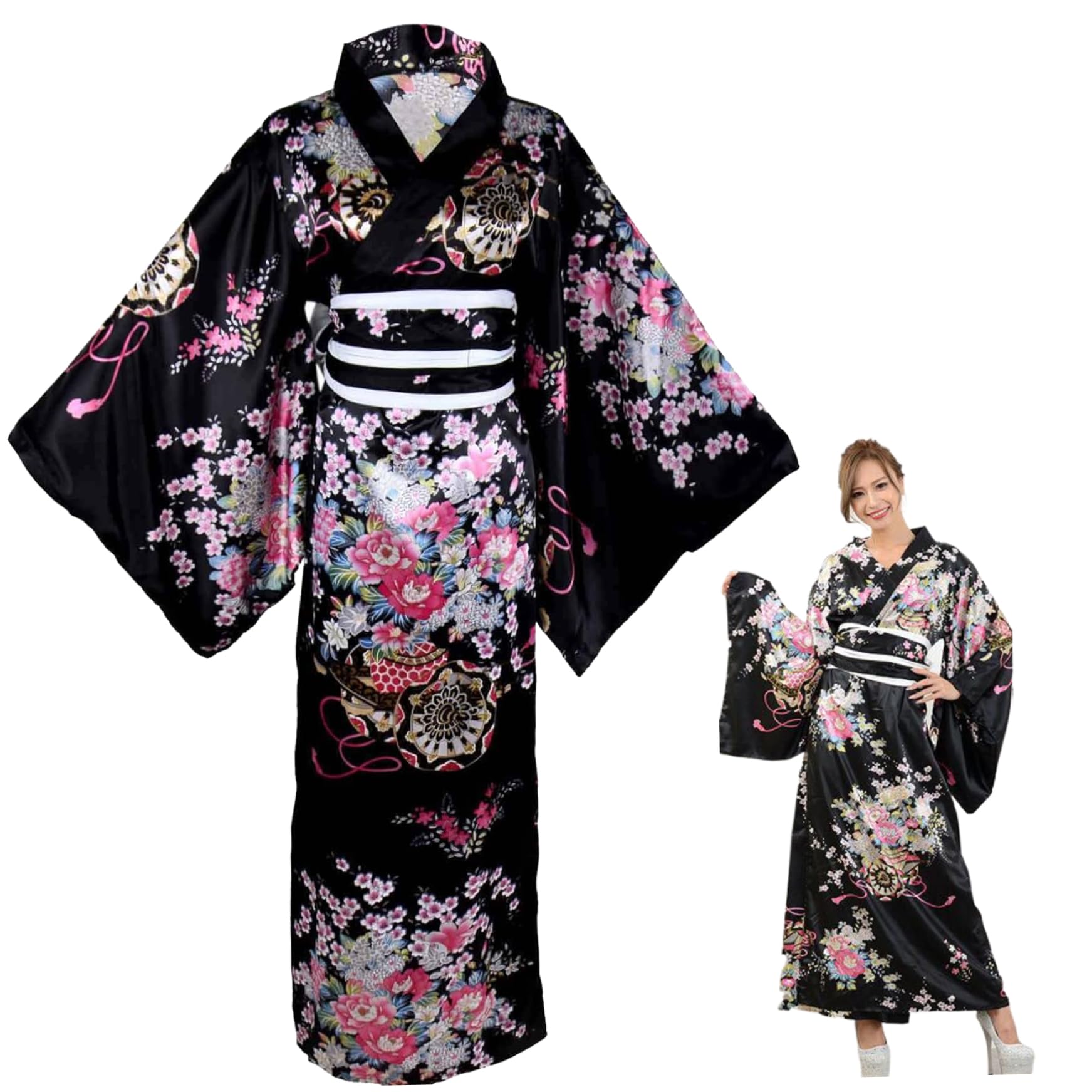 Yeory Yukata pour Femmes, Motif Floral de Robe Japonais, Robes de Kimono en Fleur Traditionnelle, Robe de Chambre Japonaise Noire