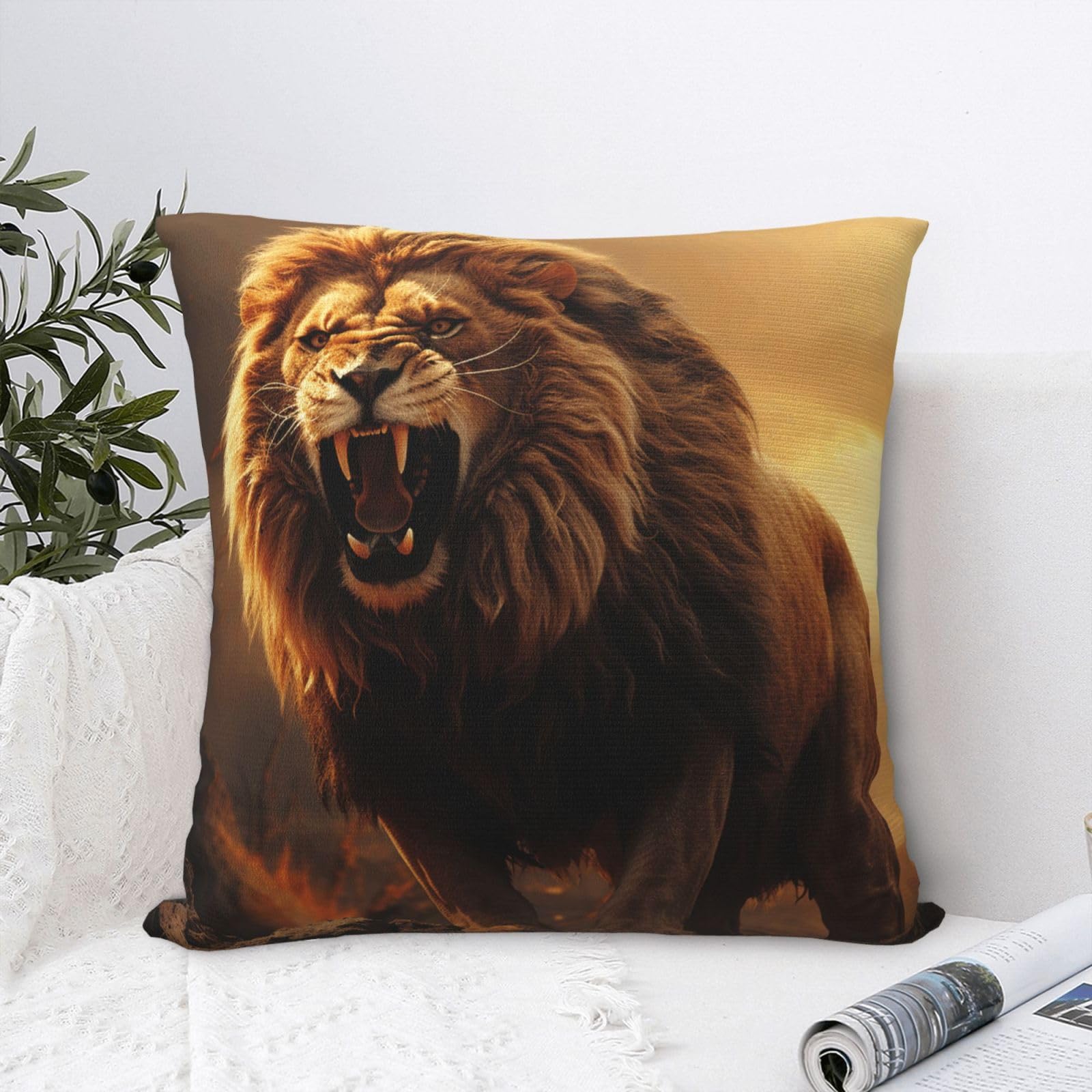 FodPand Luxury Velvet Throw Pillow Covers 18"x18" Super Soft Decorative Pillow Cases - Angry Roaring Lion Pillowcases Modern Lumbar Cushion Cases for Couch Sofa Bed Pillow Shams