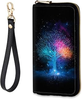 Women's RFID-Blocking Zip Around Wallet with Detachable Wrist Strap, Large Capacity Phone Holder Clutch Purse for Travel,Glowing Cosmic Tree