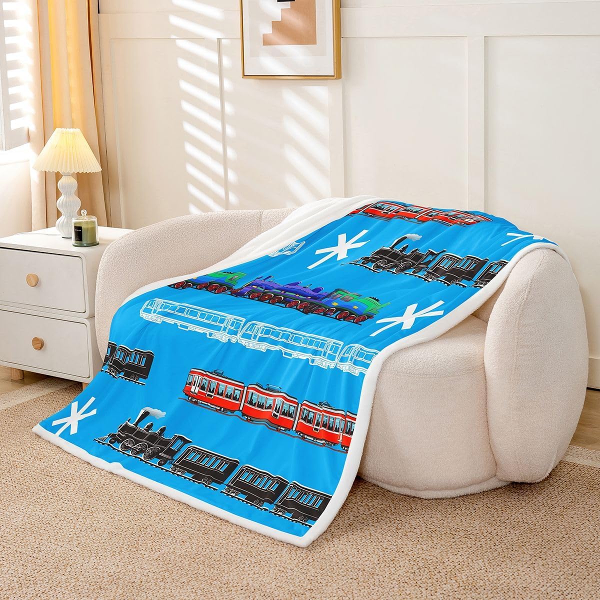 Feelyou Train Kids Boys Sherpa Blanket Retro Steam Engine Toddler Fleece Throw Blanket for Teens Railway Track Transport Fuzzy Blanket for Sofa Bed Couch Red Blue Black Decor,Throw 50x60 Inches - Image 2
