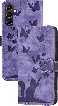 Galaxy A05S Case Notebook Type Galaxy A05S Case Cat Play Butterfly Pattern Cover Design and Skin-like Texture Gurakushi A05S Case Wallet Type Protective Cover Galaxy A05S Cover Surface is Soft to