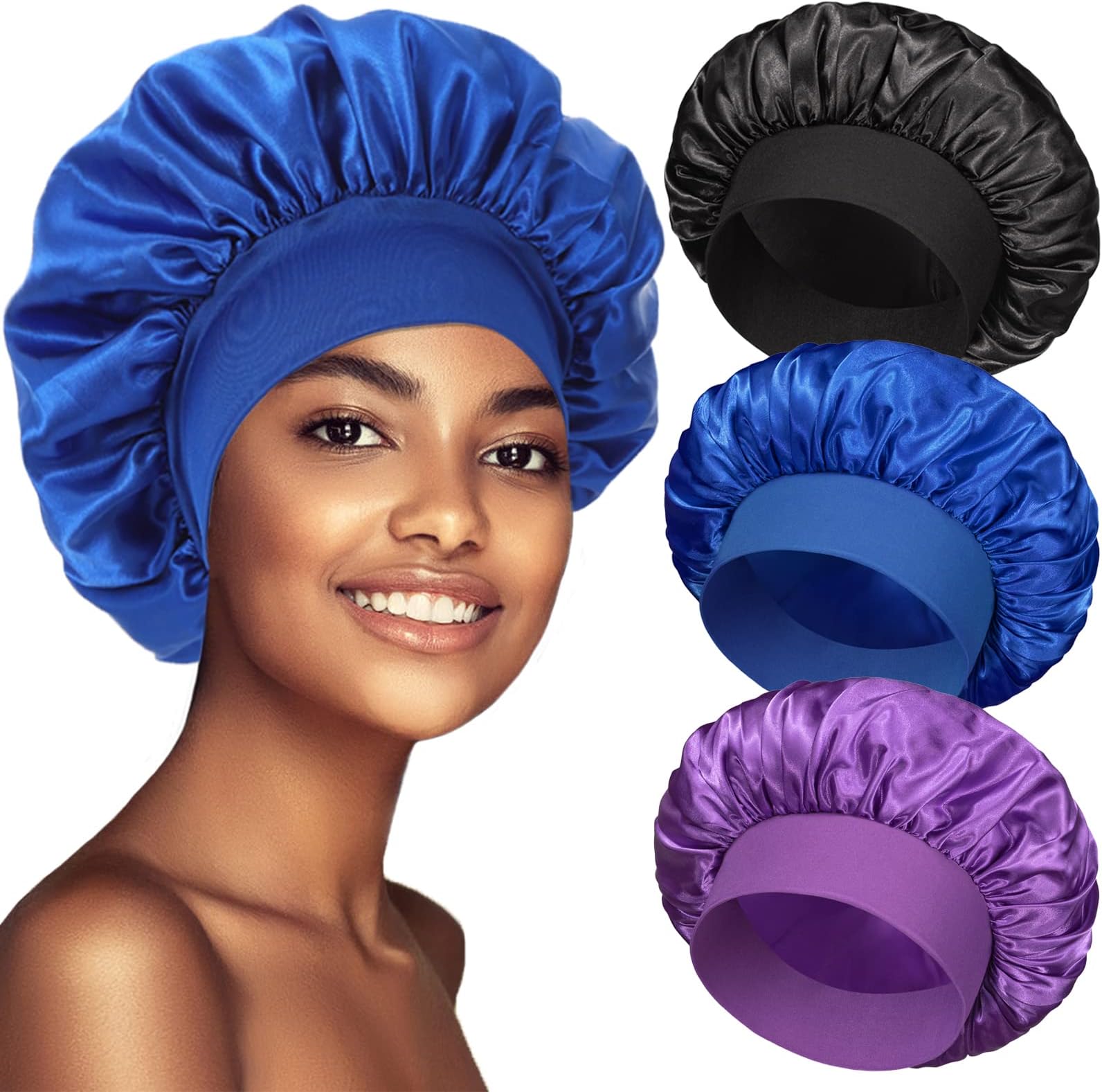3 Pack Satin Bonnet Silk Hair Bonnet for Sleeping, Sleep Bonnets for Women Large Wide Soft Band Sleep Cap for Curly Hair Braids