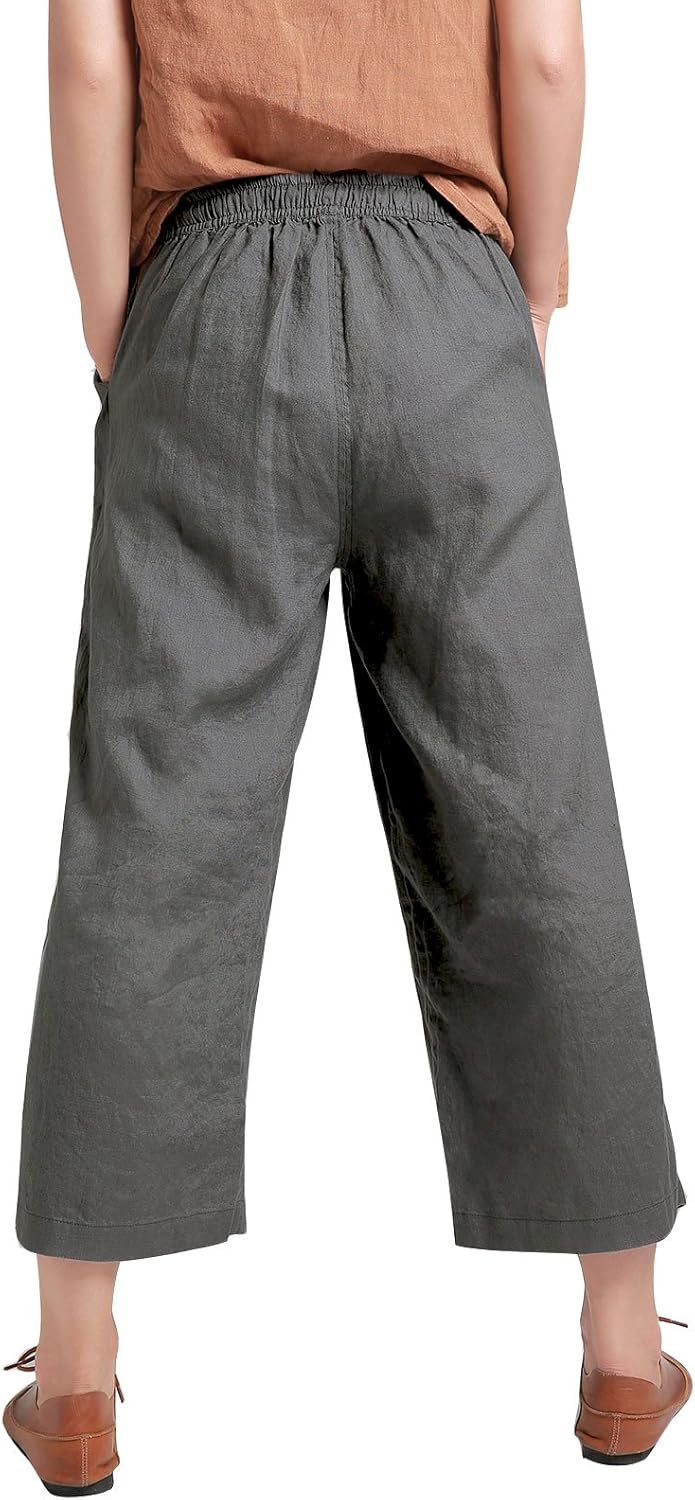 ECUPPER Womens Linen Cropped Pants Loose Casual Capri Cotton Wide Leg Plus Size Elastic Waist with Drawstring Trouses - Image 4