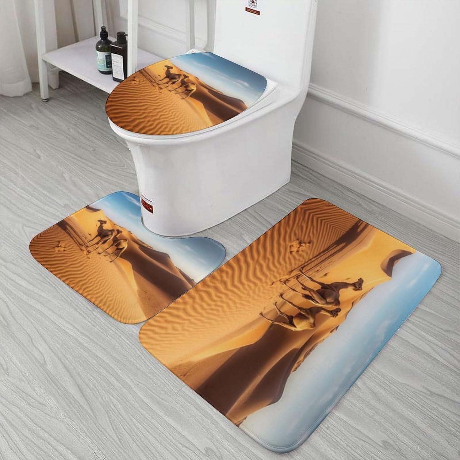 Anti-Skid Floor Mats 3 Piece Set,Sand Dunes in The Sahara Desert Printed Coral Fleece Bathroom Mats U-Shaped Contour Mat Toilet Seat Cover for Bathroom, Tub, Shower, Kitchen 19.7"x31.5"
