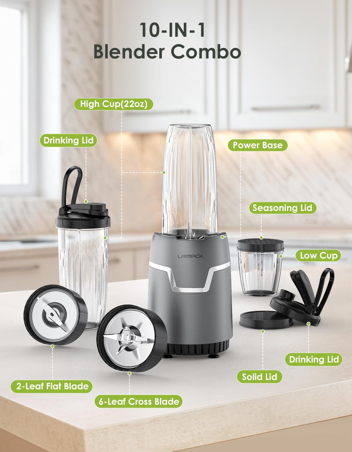 Eascandy 1200W Personal Smoothie Blender - 7-in-1 Set With 2 Tritan To-Go Cups, 304 German Steel Blades