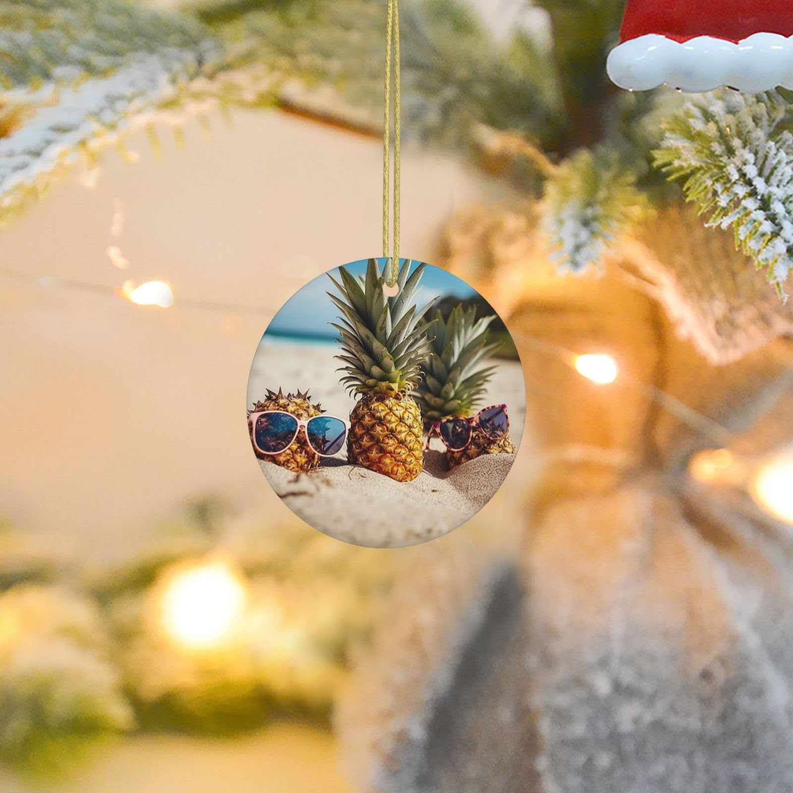 Christmas Tree Ornaments Ceramics Christmas Round Decorations Pineapple Sunglasses Sand Beach Ceramics Ornaments Circle Pentagram Xmas Tree Hanging Pendant for Christmas Tree Party Holiday Home Decor