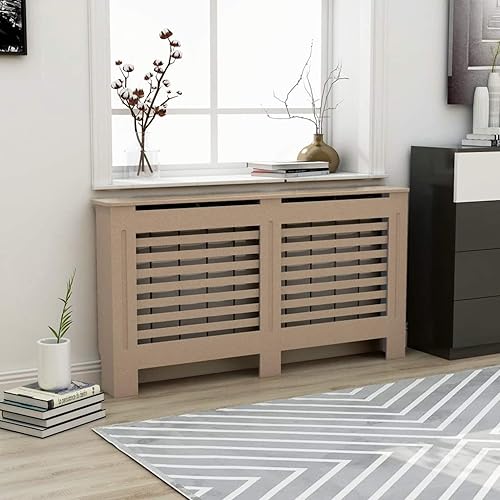 Tidyard Cubierta de radiador MDF con base de agua, acabado lacado, listones horizontales, calefacción, parte superior lisa, color marrón para sala