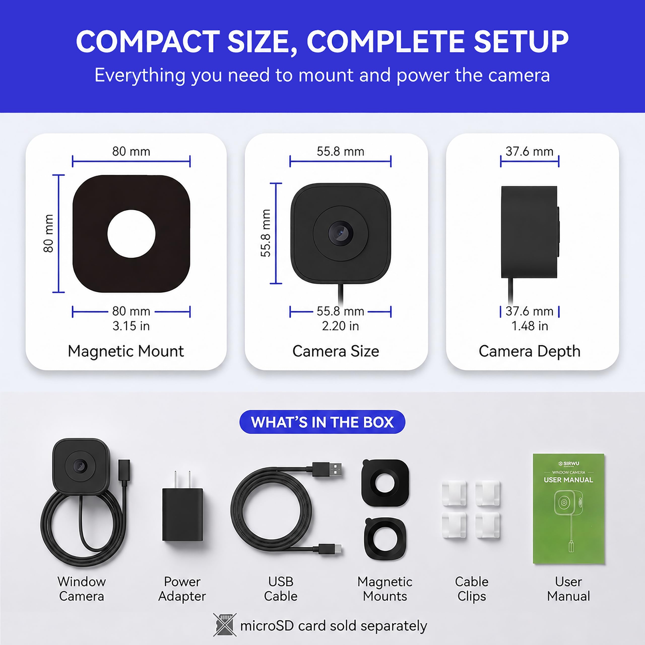Cámara de ventana de 3 MP 2K, 2.4 GHz y 5 GHz WiFi6 cámara de seguridad para el hogar, cámara interior sin taladro para monitoreo al aire libre a través de vidrio, visión nocturna a todo color