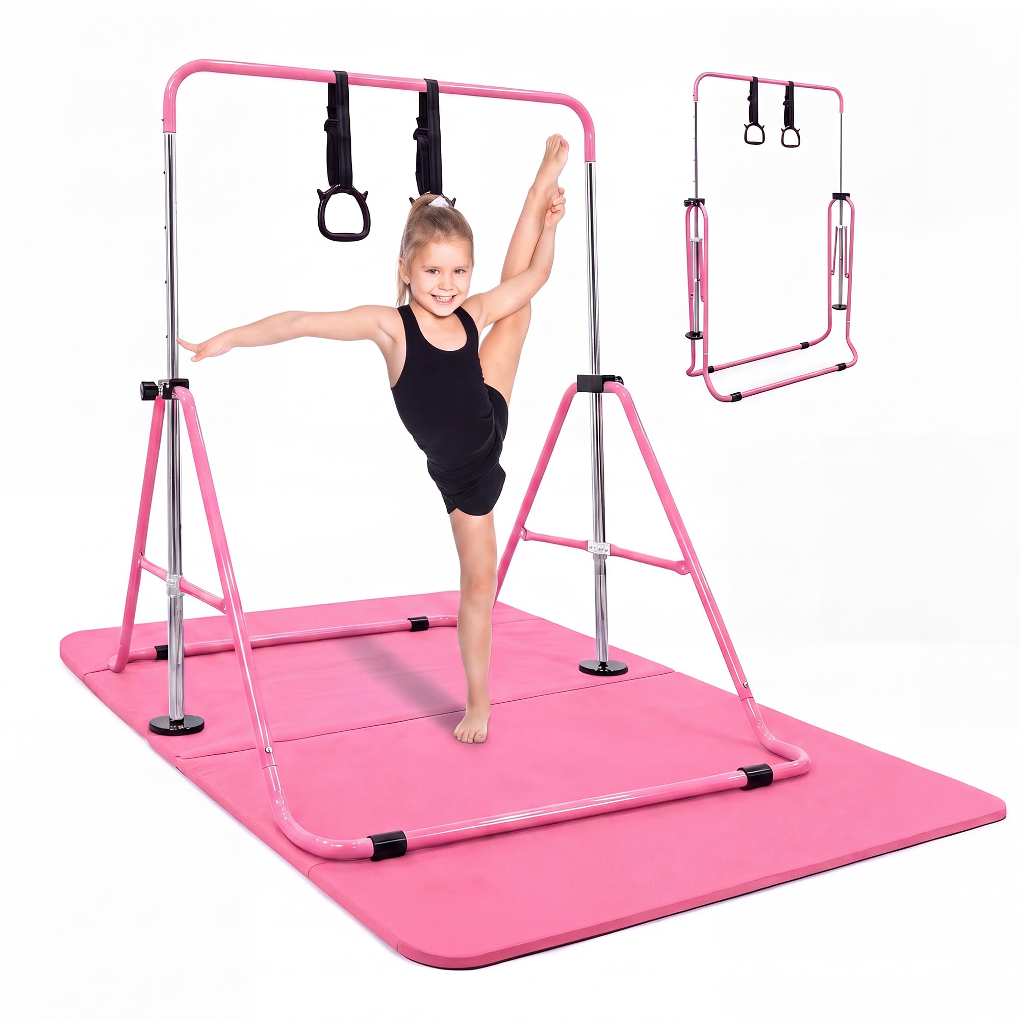 KAYMAN Gymnastics Horizontal Bar for Kids with Rings & Hand Protection Wrap – Adjustable Height 89/99/109/119/129cm, Heavy-Duty Steel Gym Equipment for Home Gymnastics, Strength & Flexibility Training