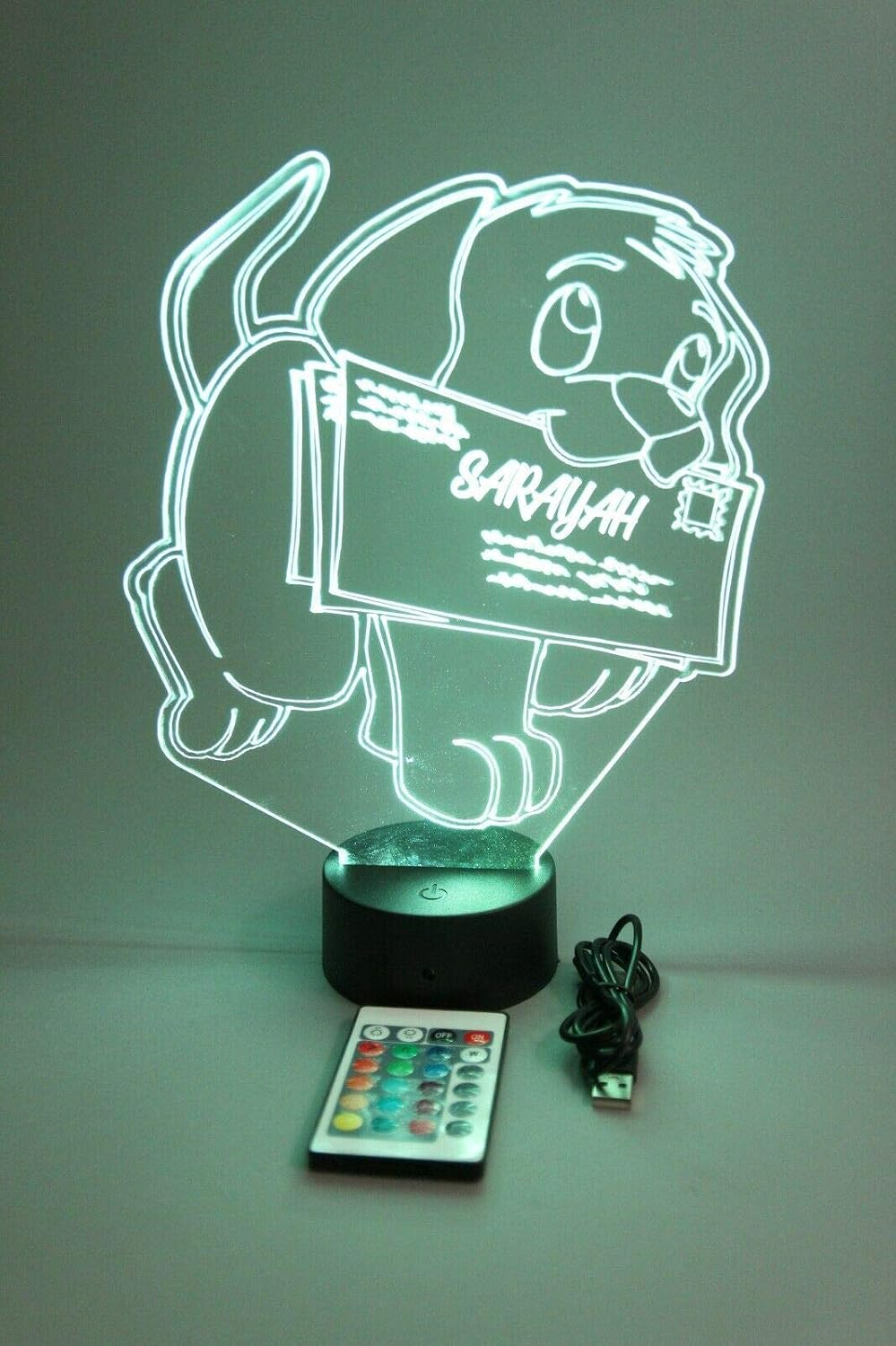 MIRROR MANIA Animal Name Night Light Up Lamp Shape LED Personalized Custom Made Desk Table Lamp, It's Wow, with Remote 16 Colors, Great Gift (Cute Puppy Dog Letter Mail)
