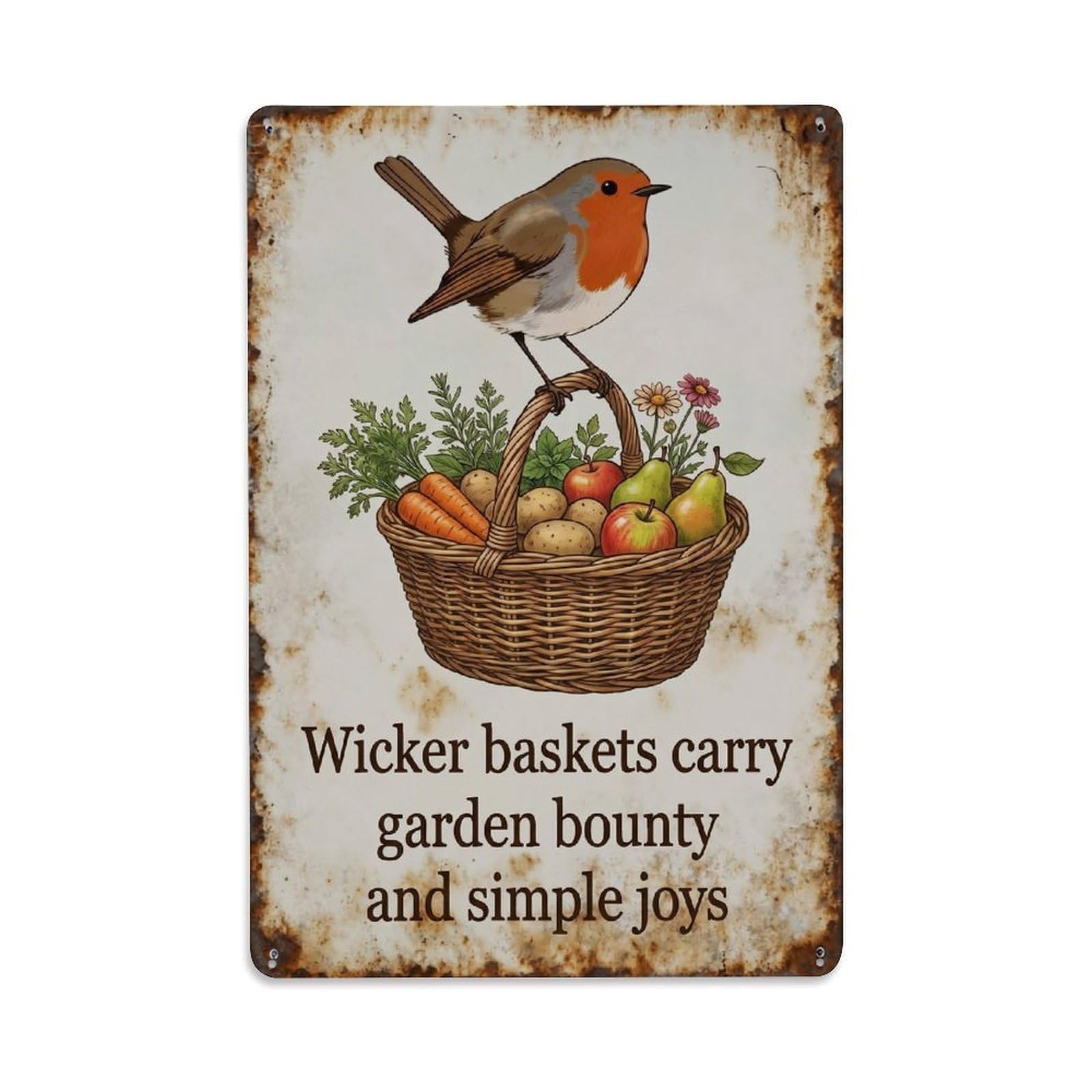 Robin Bird Garden Quote Wicker Basket Vintage Metal Tin Sign Plaque Wall Decor for Cafe, Club, Garden Metal Poster 8x12Inch