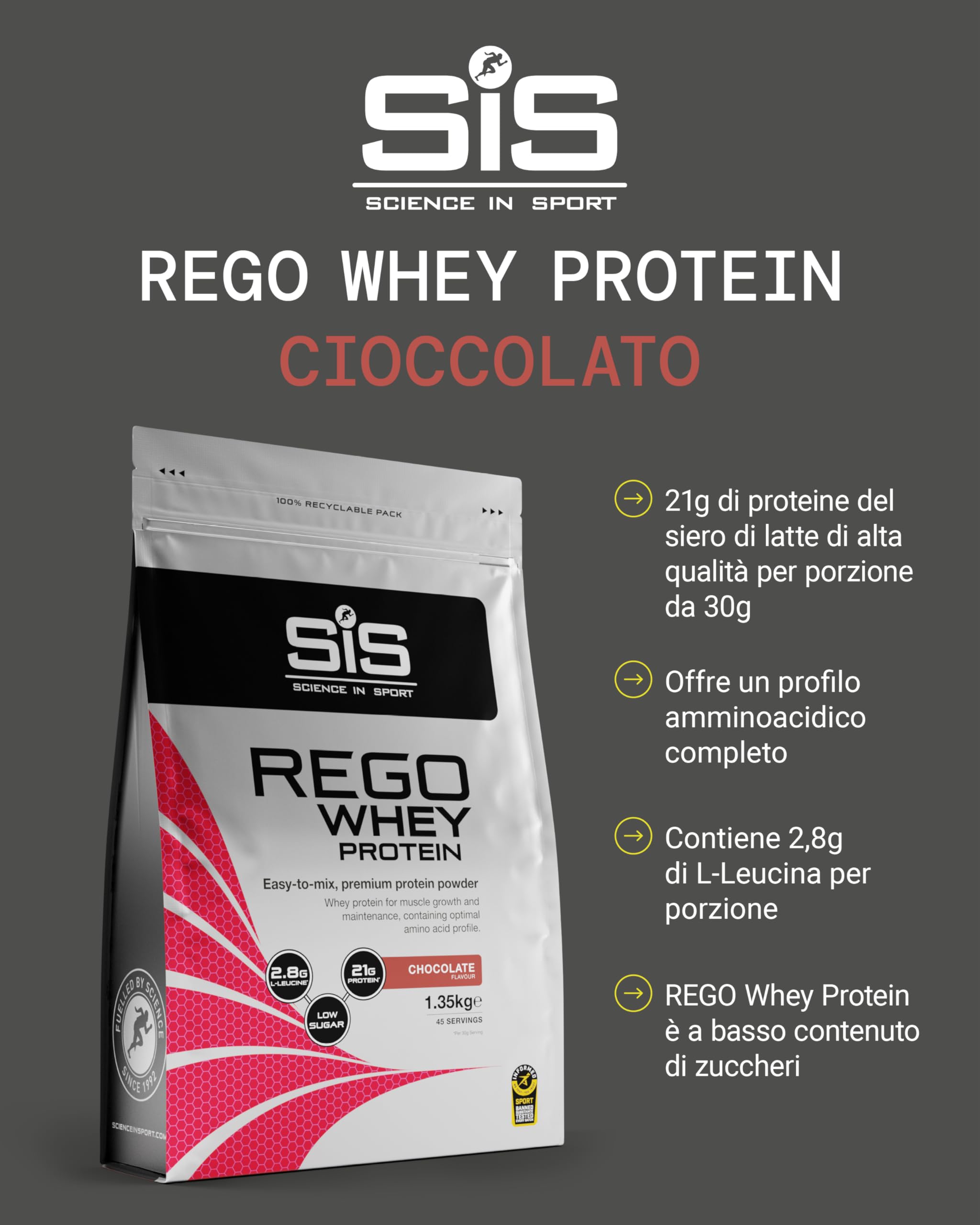 Science in Sport Rego Whey Protein 1,35kg Cioccolato - Drink di recupero in polvere con carboidrati, proteine in polvere, elettroliti, vitamine e minerali, Favorisce un allenamento efficace, 100% whey