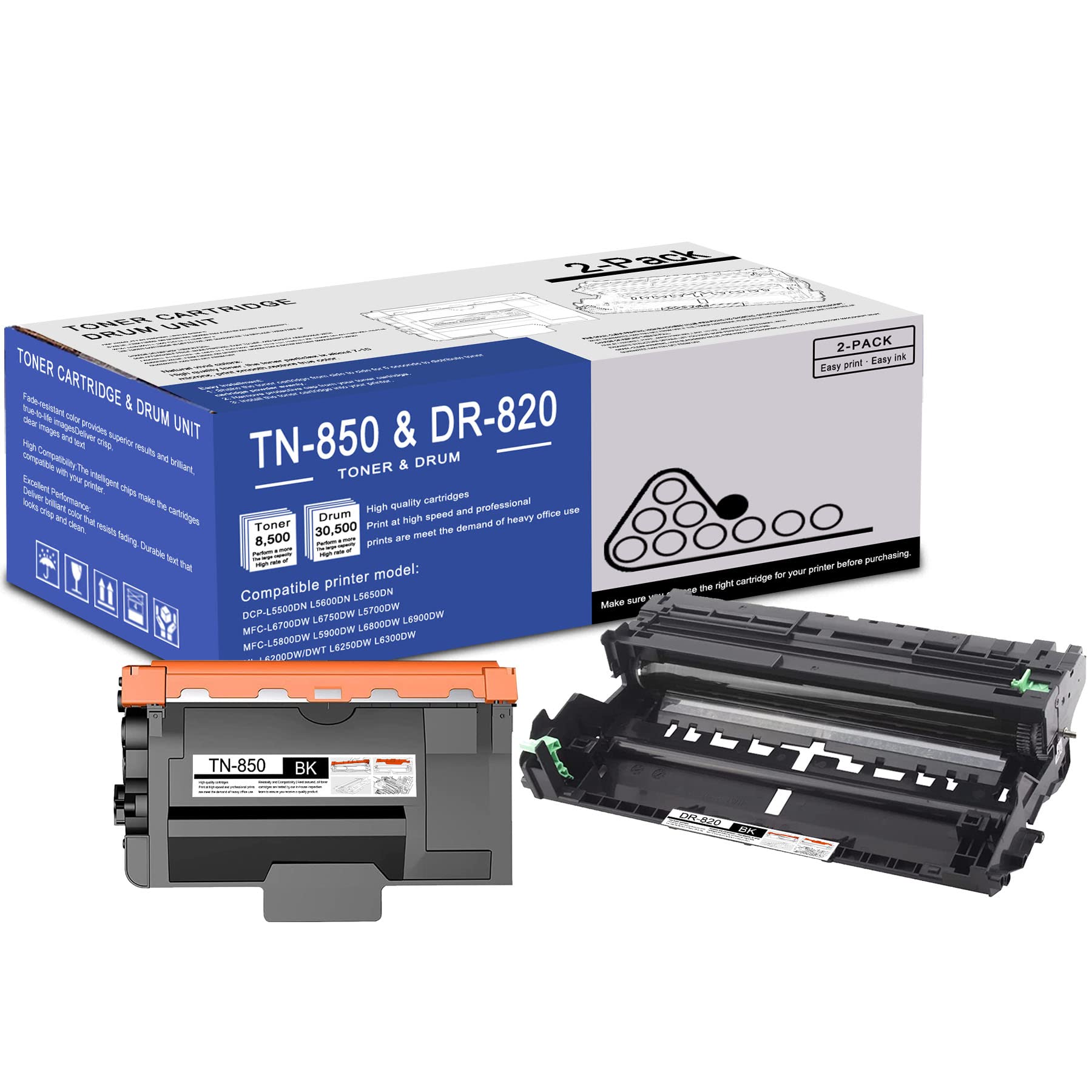 1 Pack TN-850 High Yield Toner Cartridge and 1 Pack DR-820 Drum Unit Replacement for Brother DCP-L5500DN L5600DN MFC-L6700DW L6750DW L5700DW L5800DW