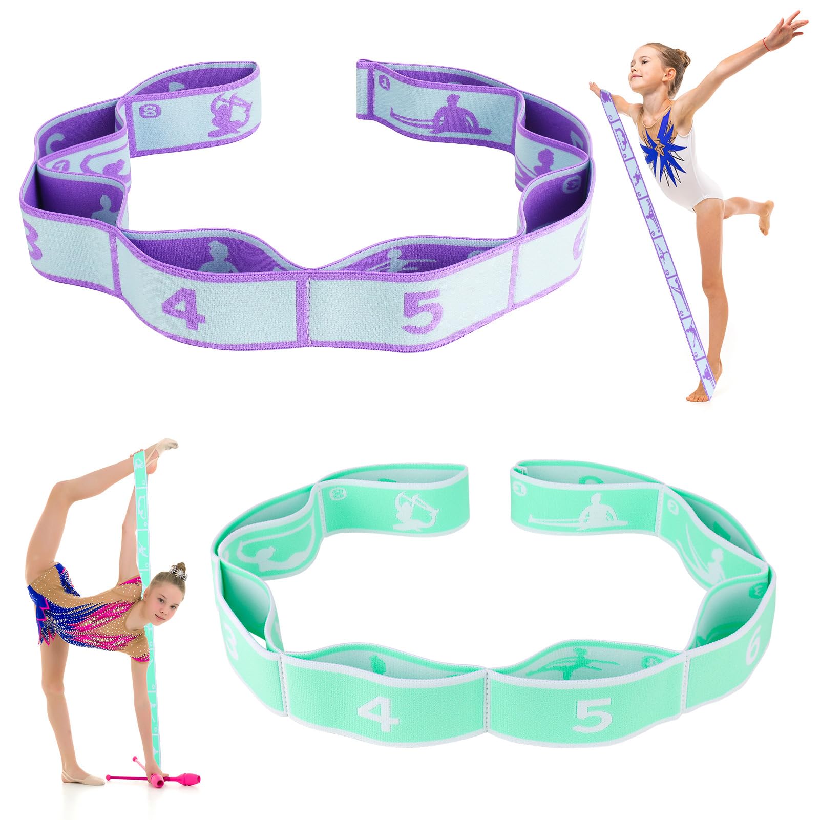 Zuimei 2Pcs Stretching Bands Gymnastics Stretch Band Yoga Straps with 8 Adjustable Loops for Stretching, Leg Stretcher Strap Yoga Pull Strap Flexstrap for Pilates, Dance, Gymnastics, Green,Purple — image 1