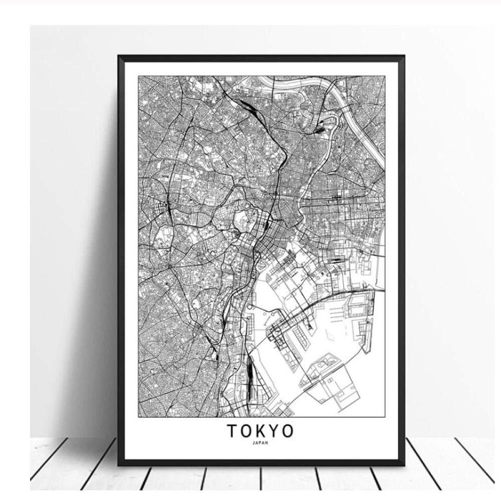 AdoDecor Bilder auf Leinwand Benutzerdefiniertes Schwarz-Weiß-Weltstadtkarten-Poster von TokioWandbilder Wohnzimmer Bilder Set Bild Schlafzimmer Badezimmer(Gerahmt)