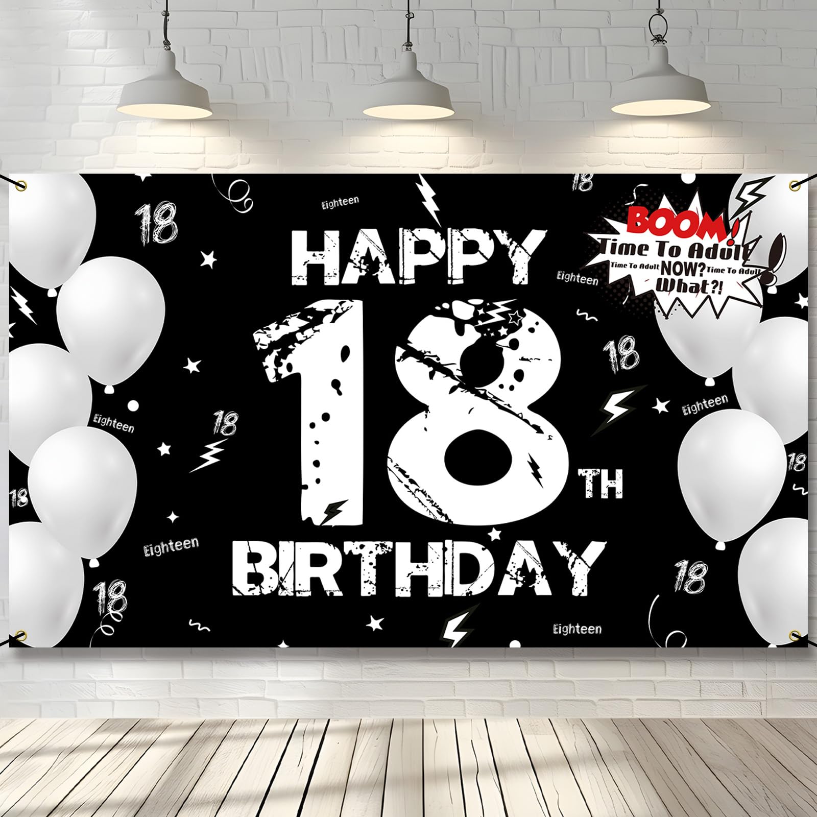PHXEY 18th Birthday Decoration for Men Women, Fabric Happy 18th Birthday Backdrop Banner Black White, 18 Year Old Birthday Party Yard Sign Photo Booth