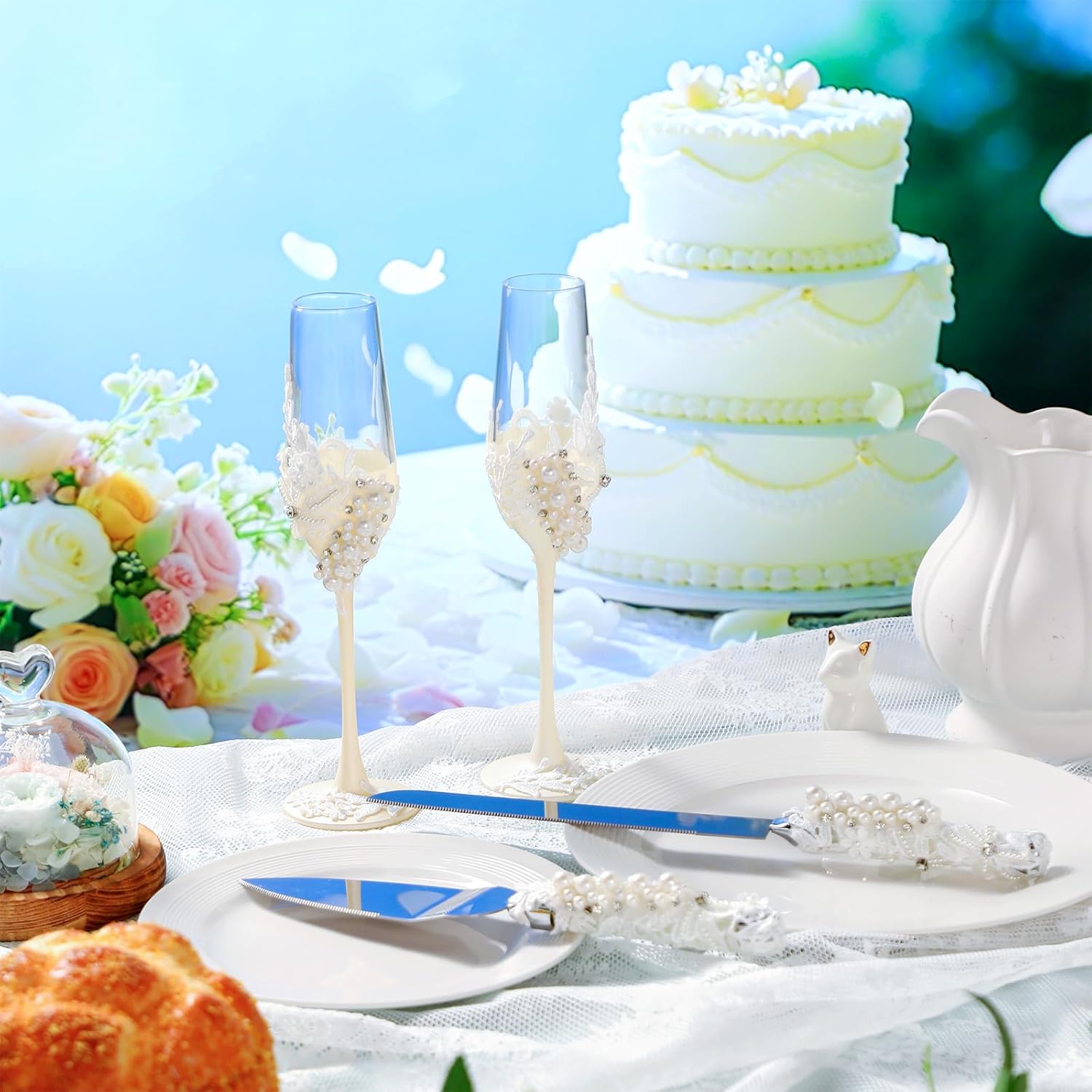 Boao Pearl Wedding Champagne Flutes and Cake Knife Server Set of 4, Champagne Flutes Toasting Glasses with Pearls for Bride and Groom Engagement Anniversary Bridal Shower Gifts (Mr and Mrs,Rose Gold) - Image 5