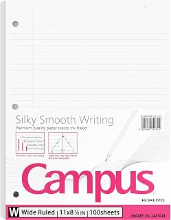 Kokuyo Filler Papers, 8-1/4"x11”, Wide Ruled 3 Hole Punched Loose Leaf Paper, 100 Sheets Bleed Resistance Notebook Paper, Japanese Smooth Lined Paper for 3 Ring Binders School Supplies, Japan Import
