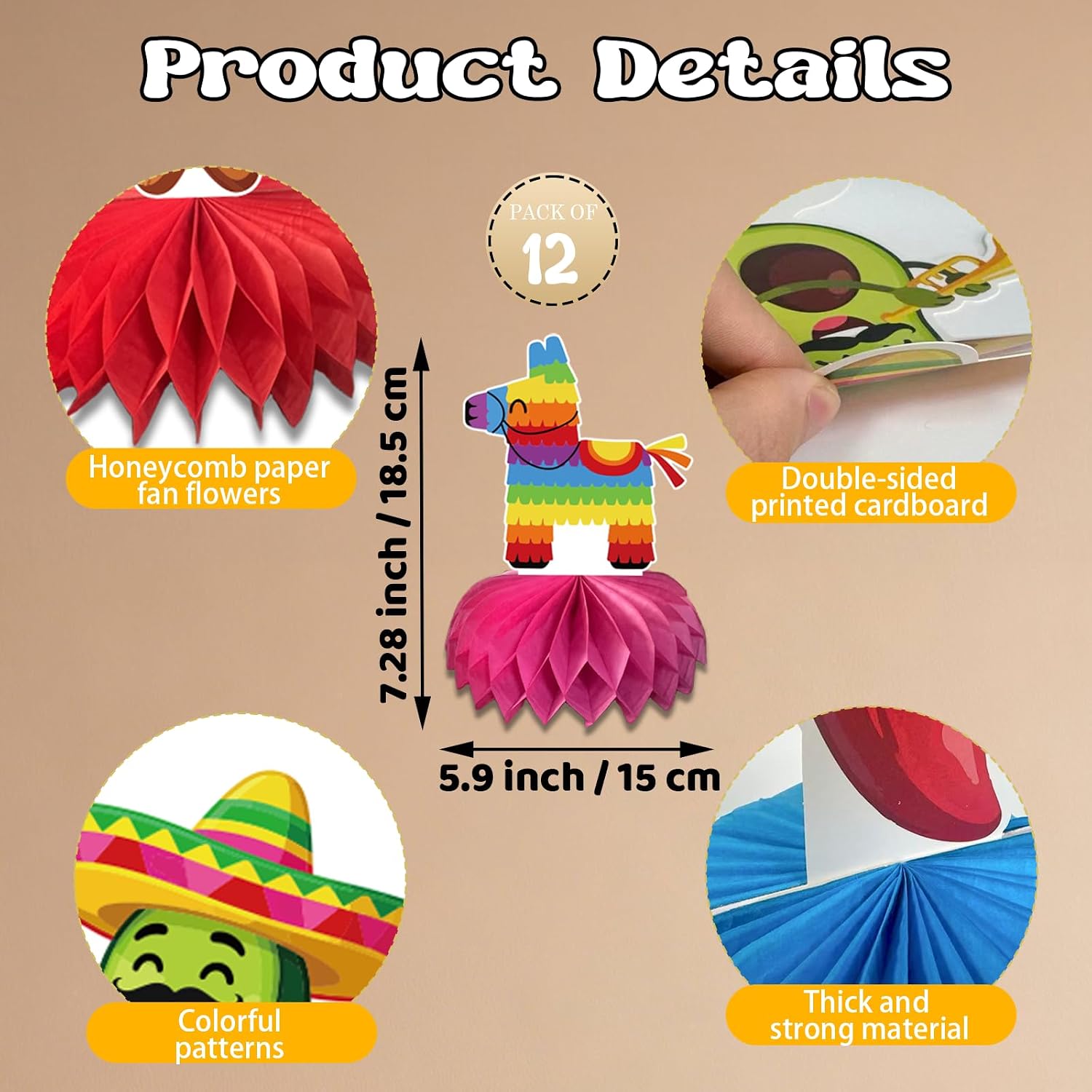 12 Pcs Fiesta Mexican Party Decorations, 8'' Mexican Honeycomb Decorations, Cinco De Mayo Decorations, Taco Party Decors, Mexican Centerpieces for Tables Birthday Day of the Dead Supplies