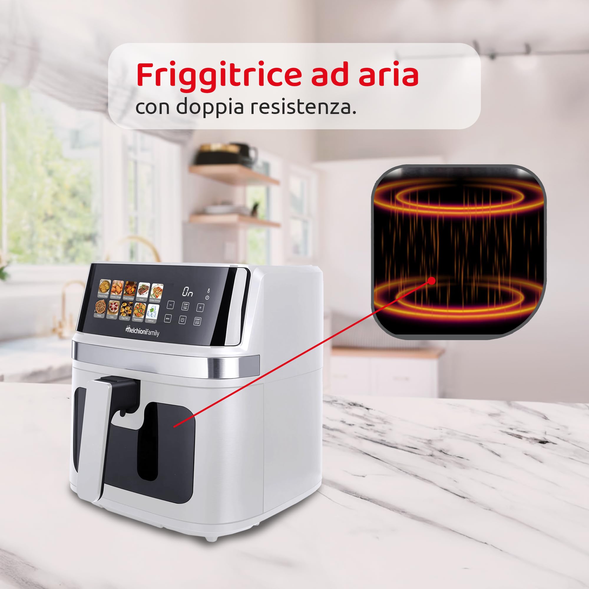 Melchioni Family | GAIA PLUS Friggitrice ad Aria 8L XXL con Doppia Resistenza Air Fryer Senza Olio, 10 Programmi, Display LED, Timer 60 min, Temperatura 80°-200°C, 2200W
