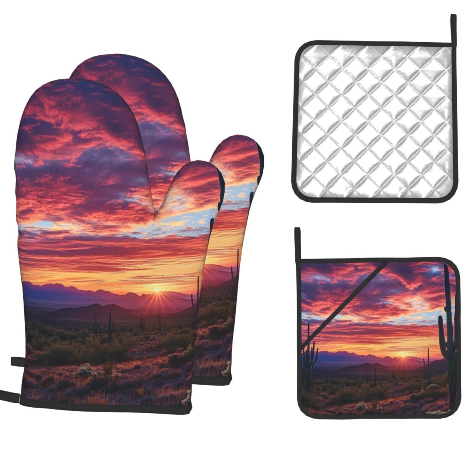 Oven Mitts and Pot Holders Set of 4 Heat Resistant Non-Slip Kitchen Gloves Hot Pads Cactus Desert Sunset Non-Slip Potholders for Cooking Baking Grilling BBQ