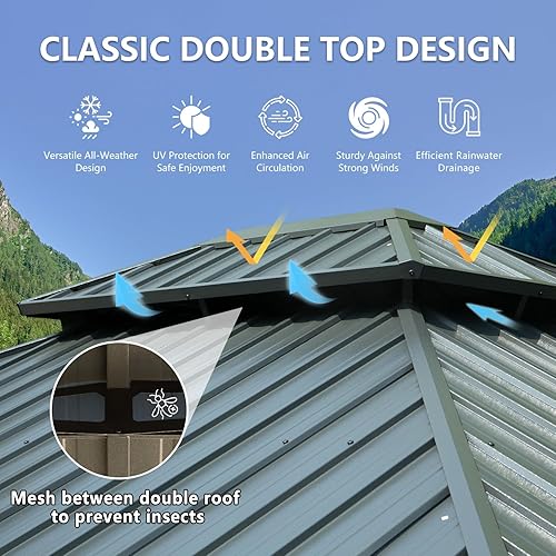 Miniatura 9 de Domi - Cenador de techo rígido de 10 x 12 pies, kiosco de aluminio para exteriores con doble techo de acero galvanizado, canaletas de drenaje,