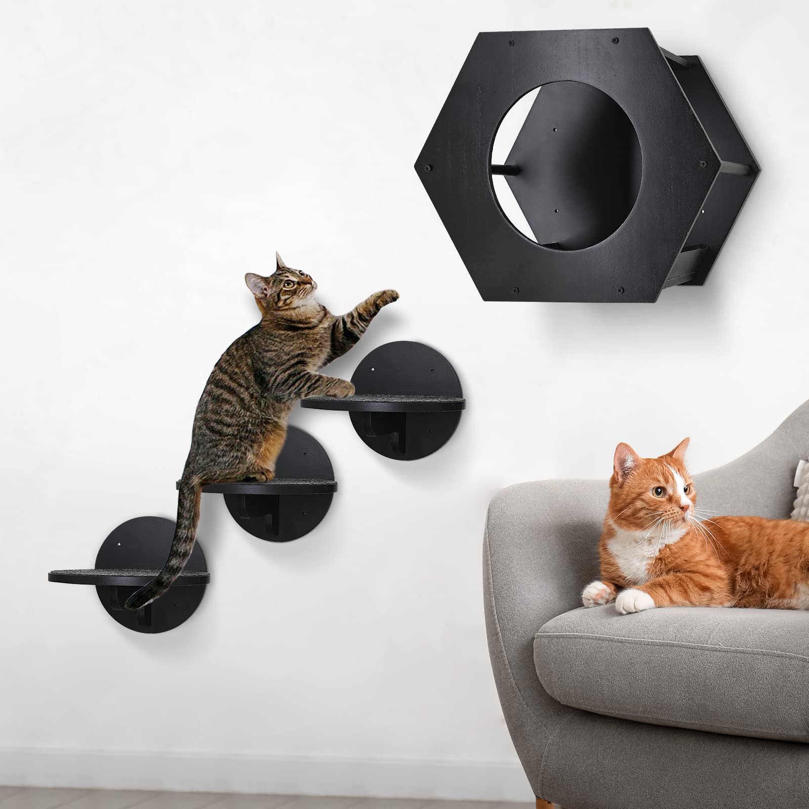 Cat Wall Furniture Wall Mounted, Cat Shelves and Perches for Wall Fit Cat Up to 10Lbs, Cat Wall Shelves with 3 Wall Steps and Scratching Pad, Cat Hammock Wall Mount, Black