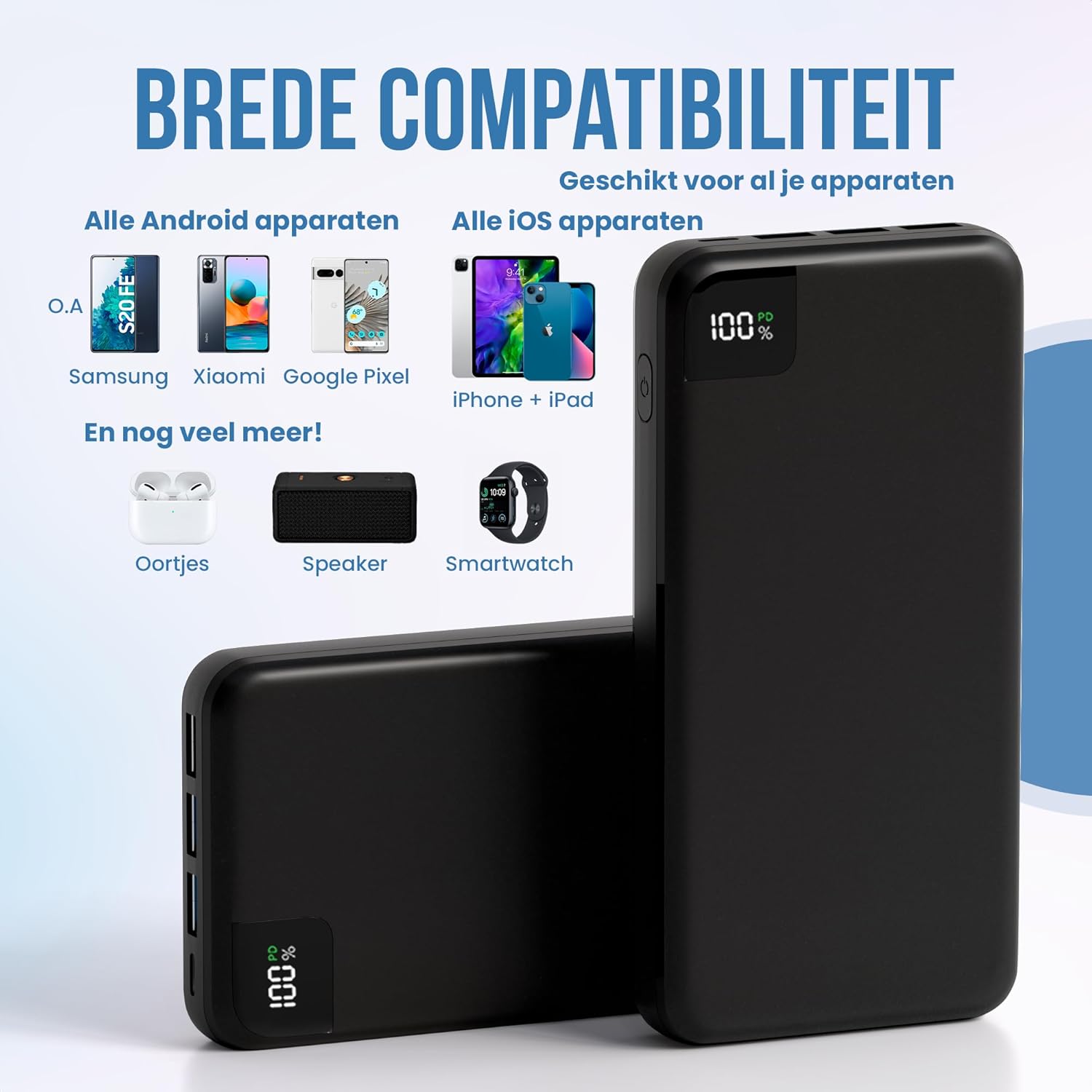 Strex Power Bank demonstrating wide compatibility with various devices including Android phones, iPhones, iPads, earbuds, speakers, and smartwatches