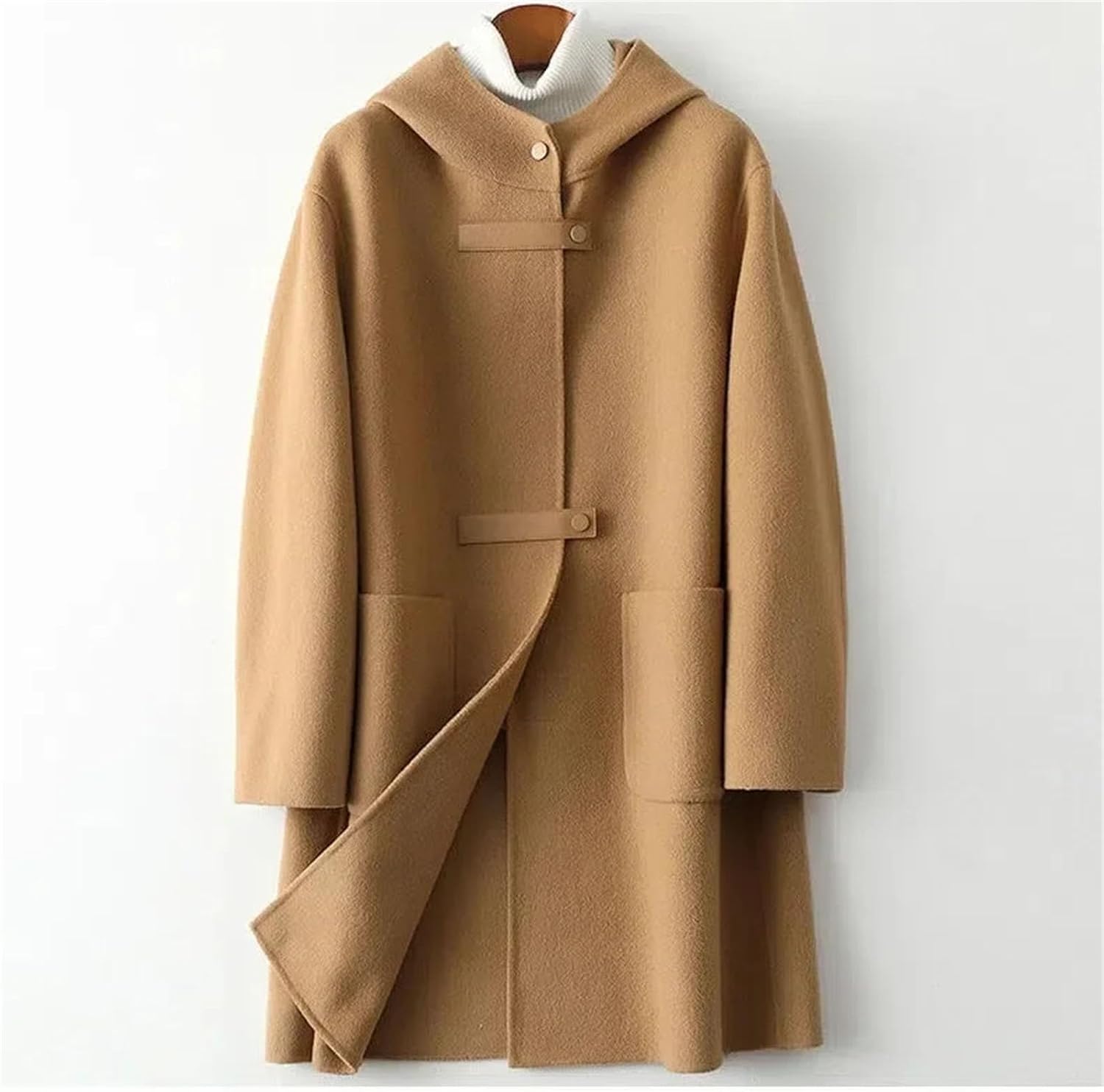 Women's Elegant Woolen Overcoat Large Pocket Loose-fit Fashionable Hooded Double-sided Jackets