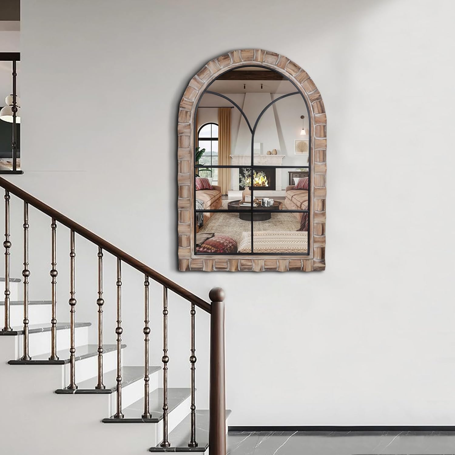 36x24 inches Dark Wood Arched Mirrors for Wall, Farmhouse Decorative Arch Mirror for Bedroom, Living Room, Bathroom, Entryway - Hanging or Leaning Brown 36x24 in