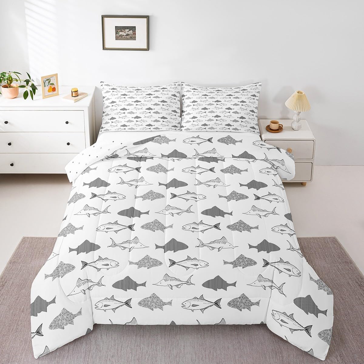 jejeloiu Fish Comforter Set Queen Size Kids Fish and Hunting Comforter for Boys Teens Fisherman Fish Man Bedding Set Sealife White Duvet Set Room Decor Quilt Set