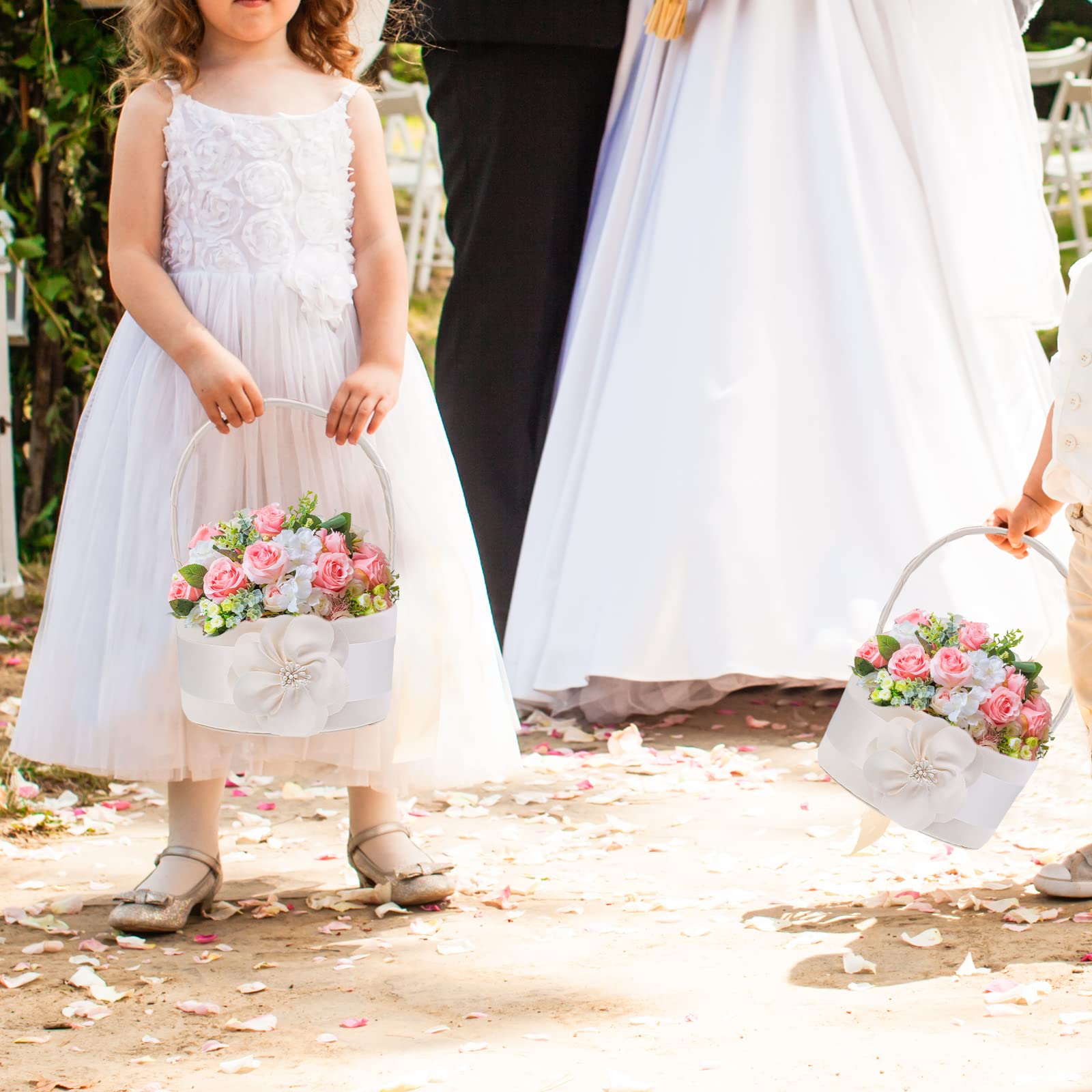 Colaxi Romantic Feather Satin Lace Wedding Ceremony Party Flower Girl Petals Basket - Champagne, 15.5cm