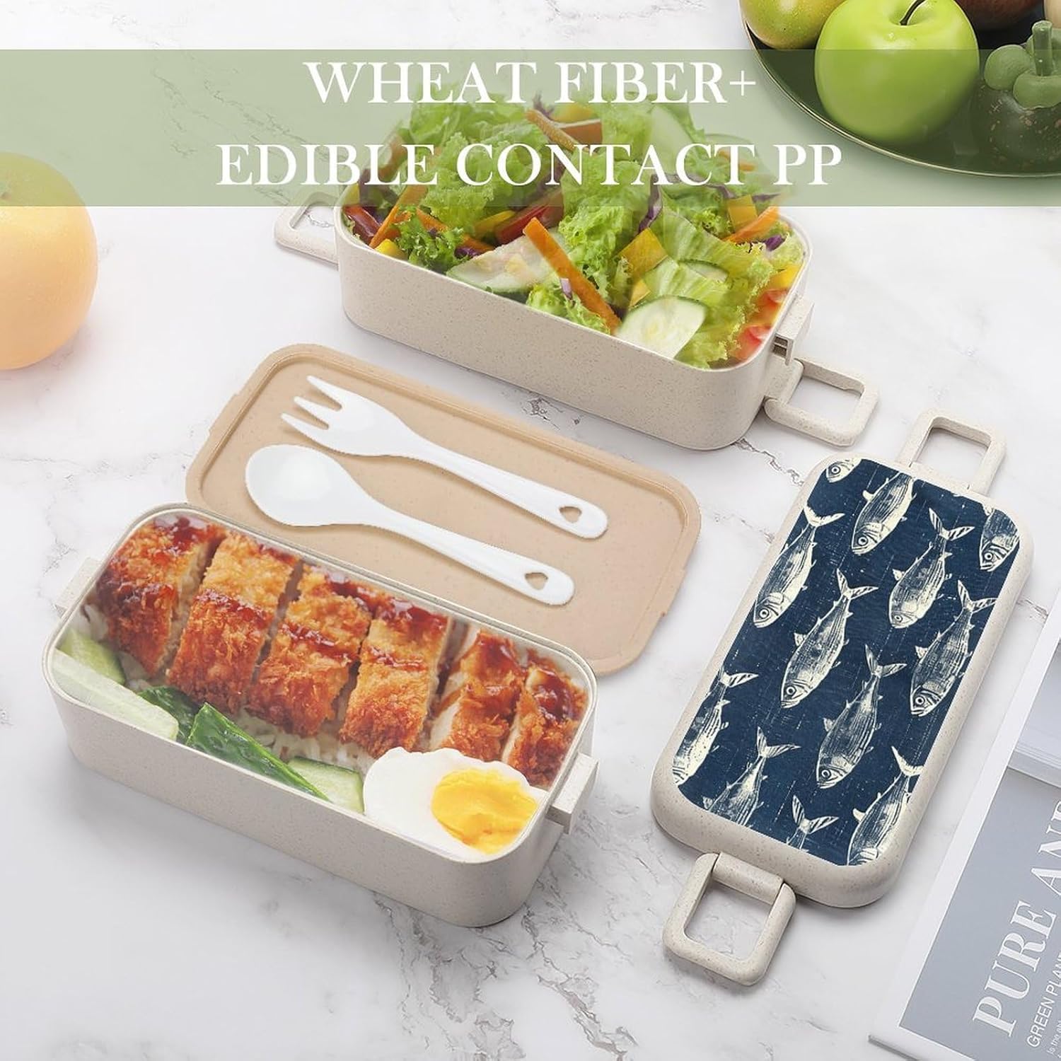 Lunch Box Bento Premium White Fish Pattern Printed Bento Box Bento with Spoon And Fork with Compartment Containers Suitable for Men And Women, style