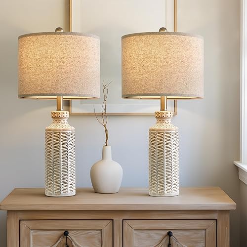 Miniatura 4 de Juego de 2 lámparas de mesa de cerámica de granja de 24.75 pulgadas para dormitorio, sala de estar, vintage, tradicional, rústico, moderno, blanco