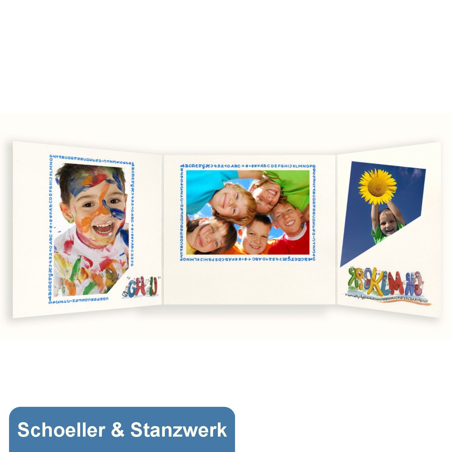 Schoeller & Stanzwerk© - 25 Stück 3-teilige Kindergarten- / Schulfotomappe für 13x18 cm Fotos - mit farbigem Druck "ABC"