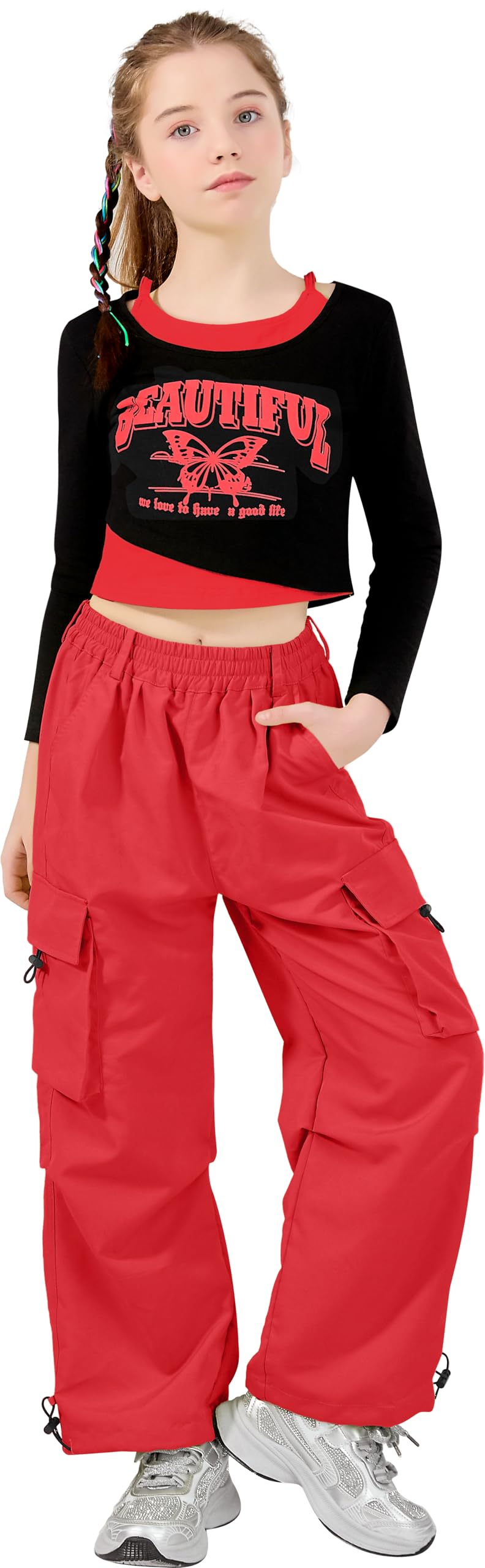 LOLANTA Conjunto Hip Hop para Niñas, Top Corto Estampado & Pantalones Cargo, Conjunto de Danza, Streetwear Moderno