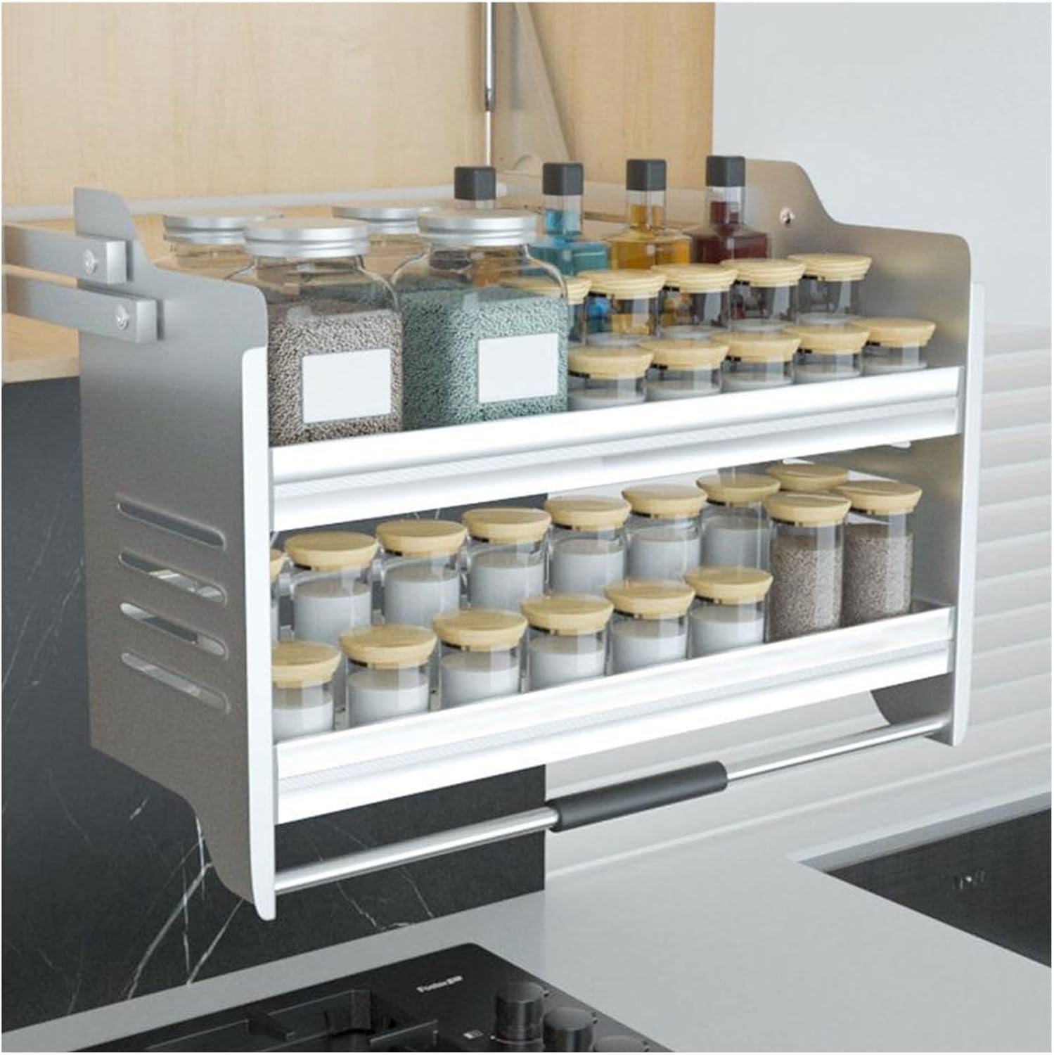 2-Tier Pull Down Cabinet Organizer for Tall Kitchens, Adjustable Spice Rack with 4 Height Settings, Fits 900+ Cabinets, Maximize Storage & Easy Access