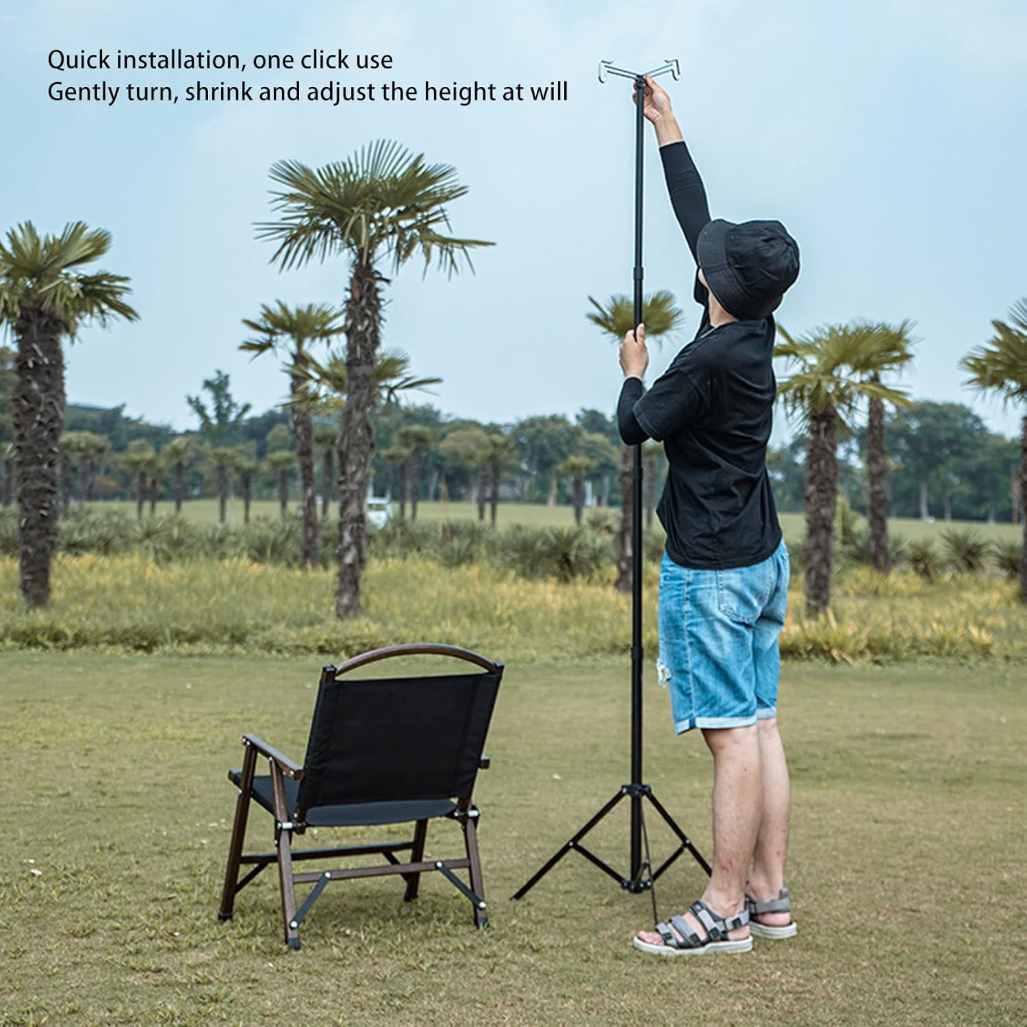 Camping Lamp Pole Camping Lamp Stand Hook Collapasible Light Stand Holder Camping Lantern Stand Portable Aluminium Alloy with Double Hook Ground Nails Camping Lamp Holder for Outdoor
