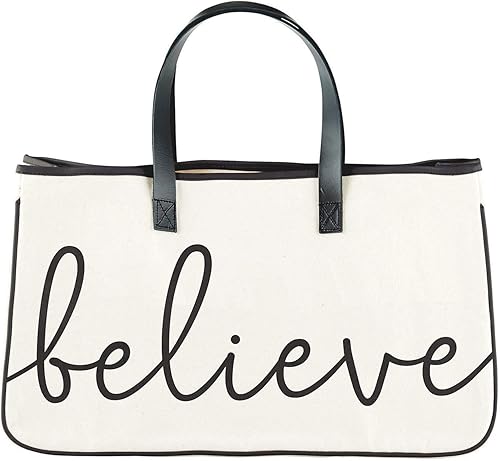 Creative Brands Faithworks - Bolso grande de lona y cuero, 20 x 11 pulgadas, color crema, negro