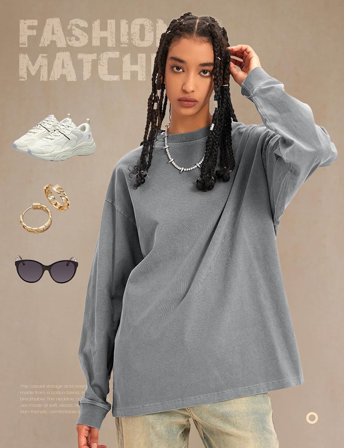 Yimoon Oversized Tshirts for Women Cotton Long Sleeve Shirts Acid Wash Baggy Tees Vintage T Shirt Streetwear - Image 5